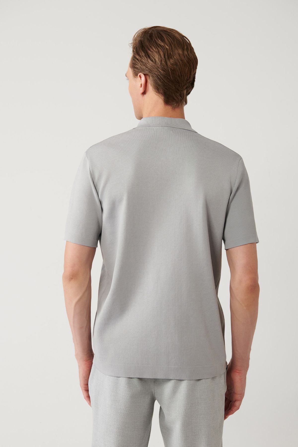 Men's gray akk collar front buttoned striped knitwear T-shirt A41y5054