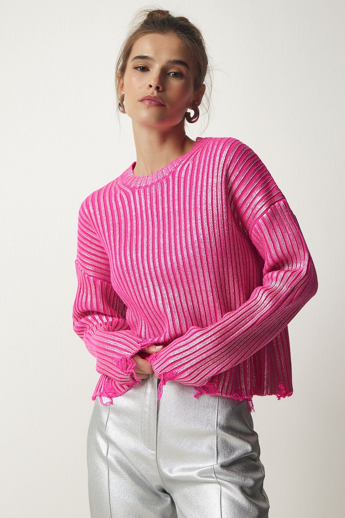 Woman Pink Torn Detailed Bright Knitwear Sweater PF00021