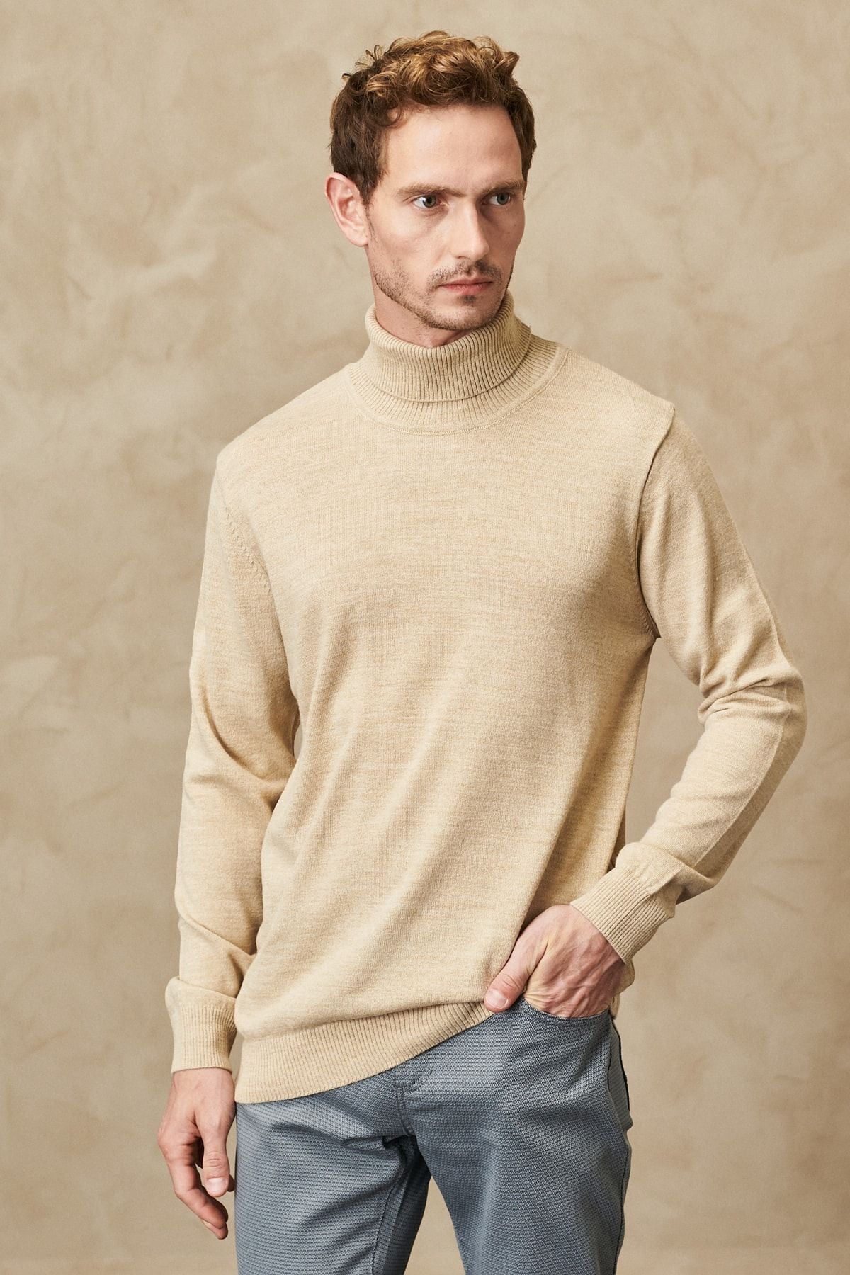 Men's Beige Flashing Anti Pilling Standard Fit Full Fisherman Yaka Knitwear Kazakh