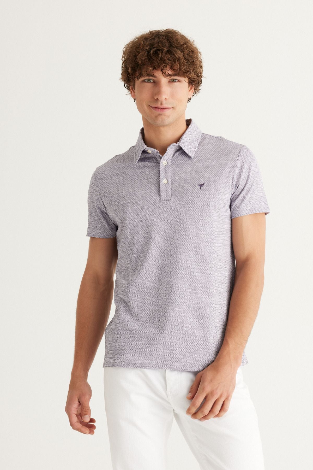 Men's purple-white easy-to-ironing slim fit narrow cut polo collar short sleeve jacquard t-shirt