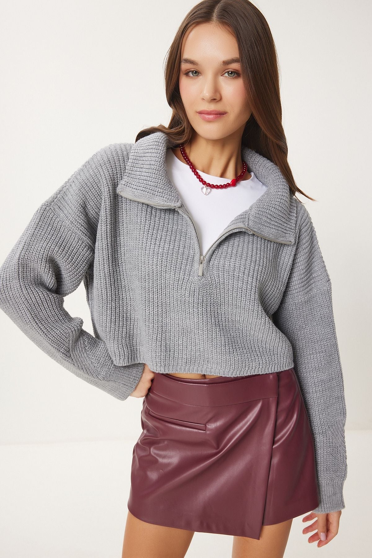 Women's Gray Zippered Fisherman Yaka Knitwear Kazakh MX00124