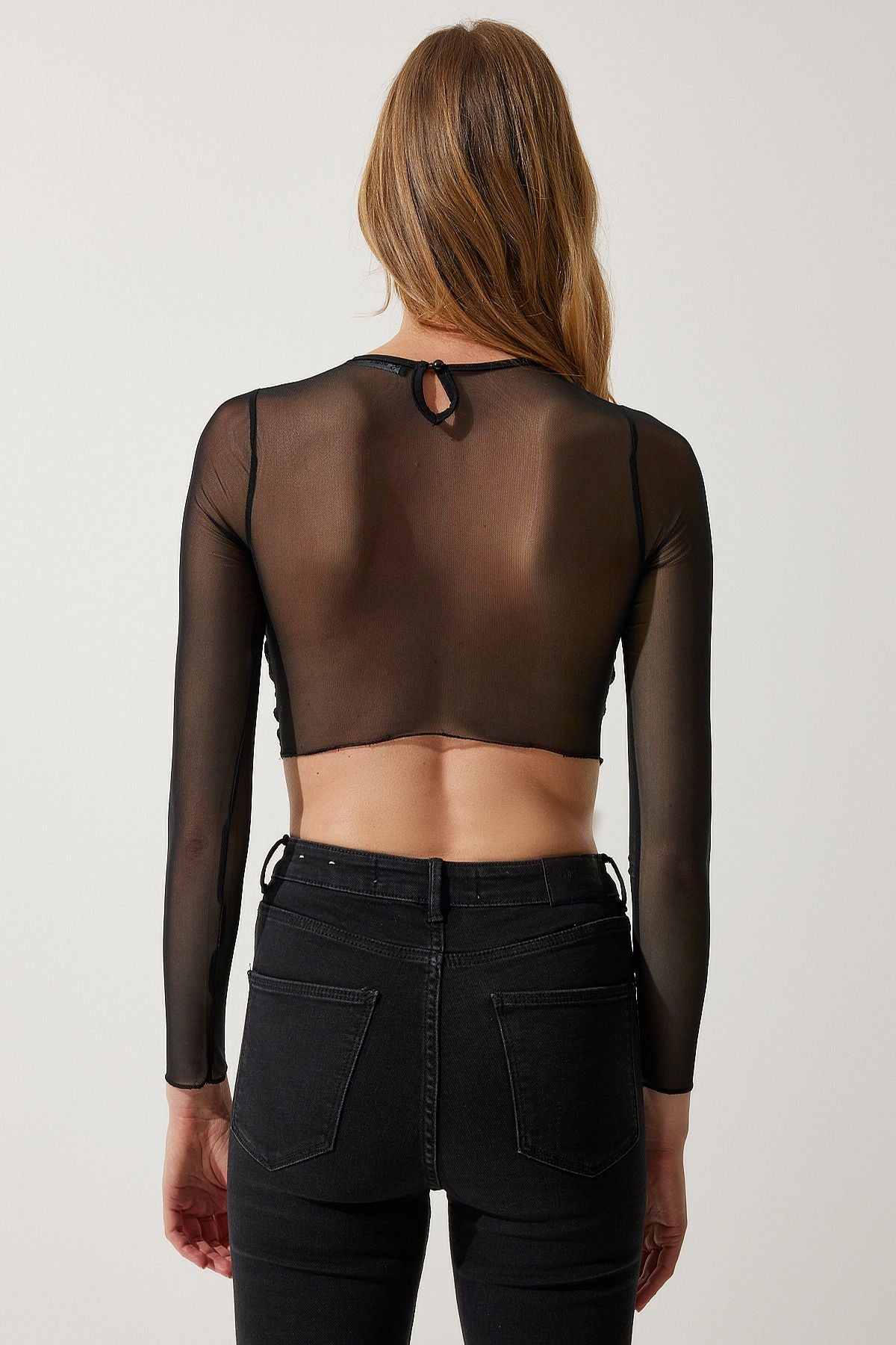 Women's Black Bow Detailed Transparent Crop blouse WF00065