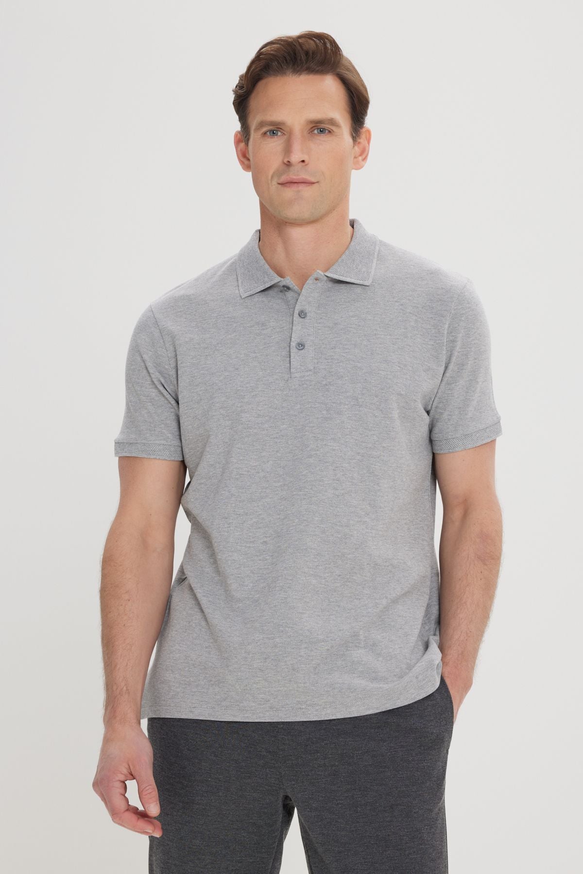 Men's Gray Melanj 100 %Cotton Curlled Pike Polo Slim Slim Fit Narrow Cut T -shirt