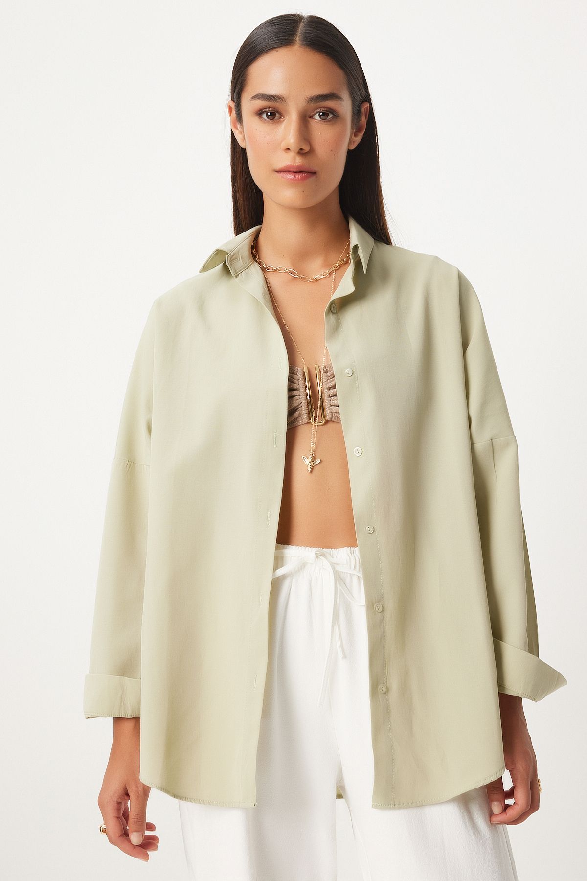 Woman Open Khaki Oversize Long Basic Shirt DD00842