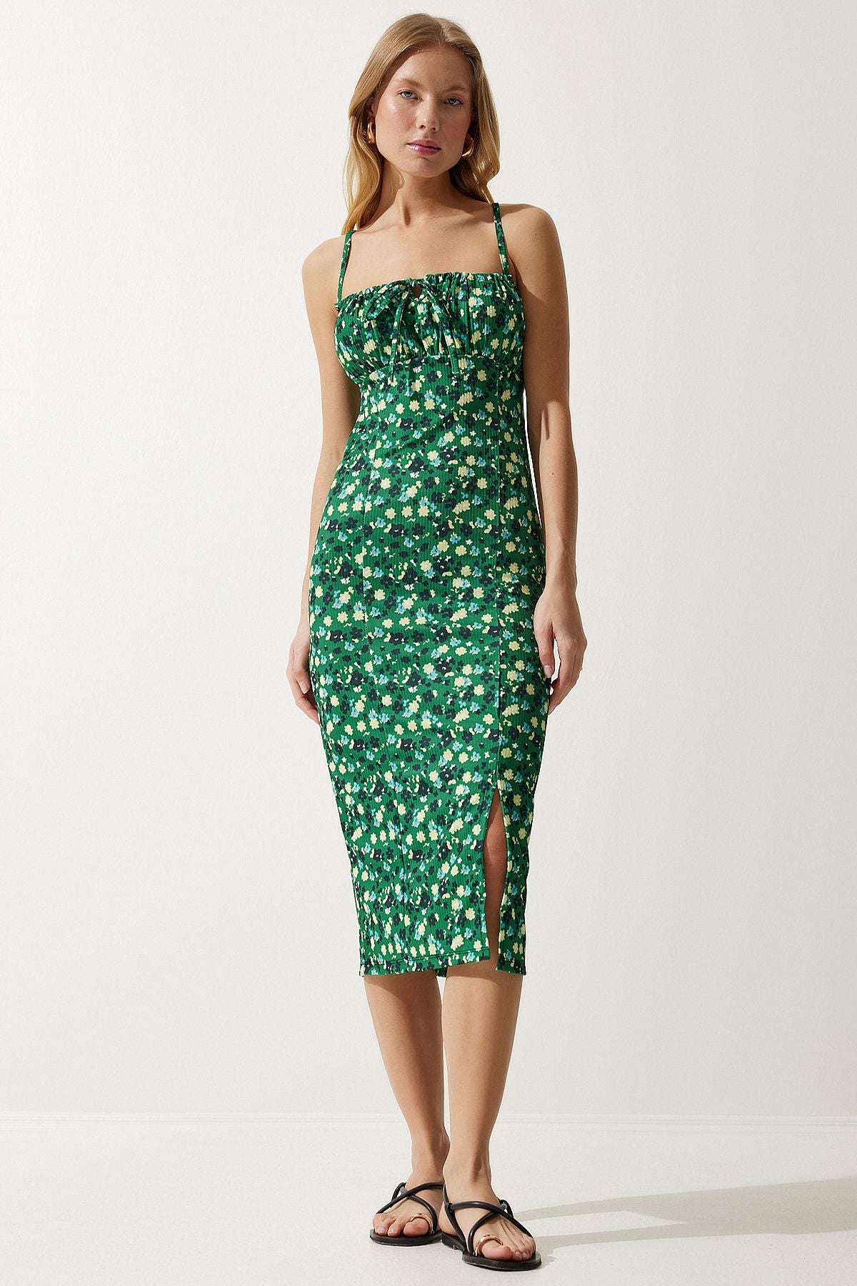 Female Green Yellow Flower Sweting Summer Knitting Dress CI00029