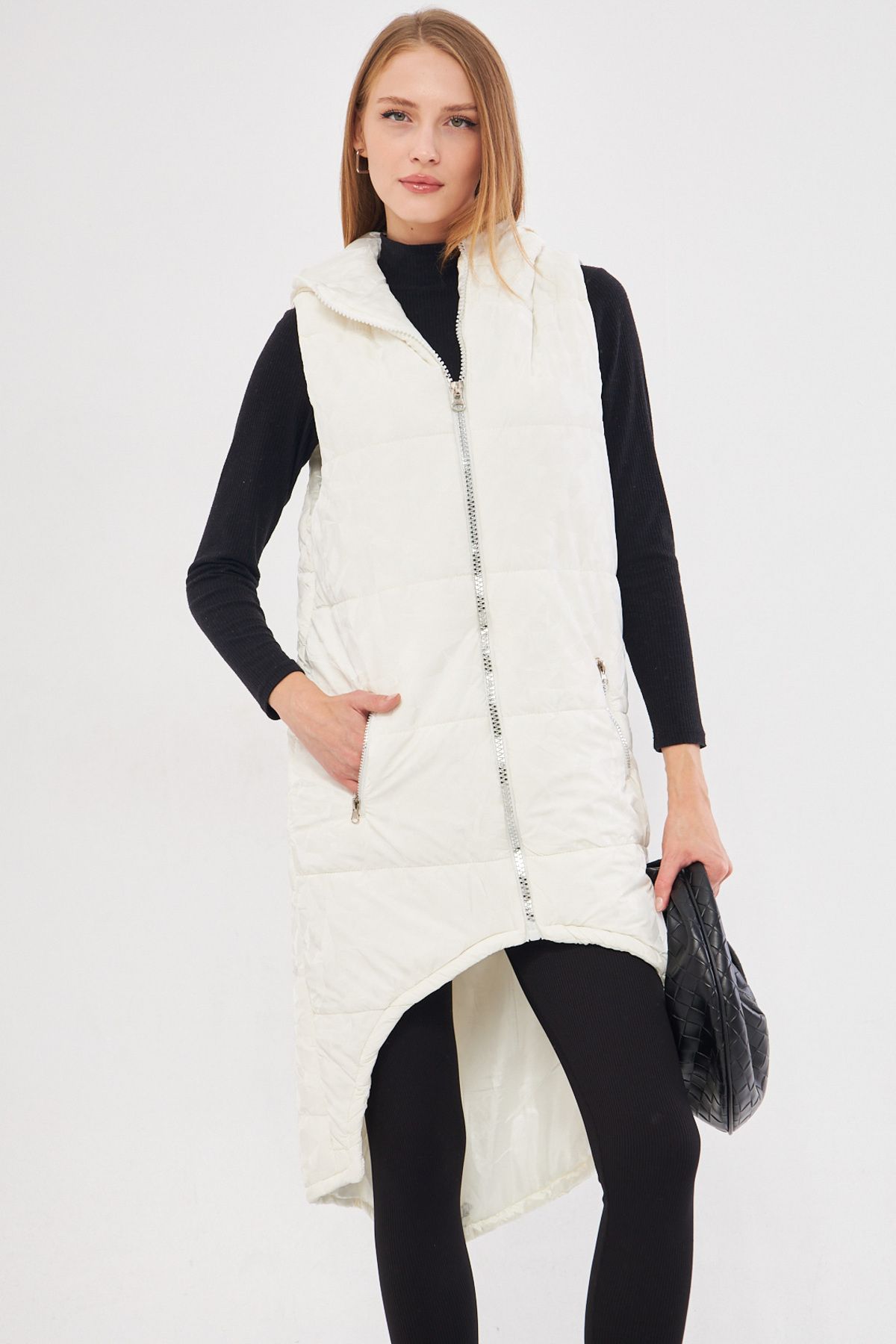 WOMEN WHITE BACKGROUND Zipper Detailed Long Swelling Vest ARM-25K025001