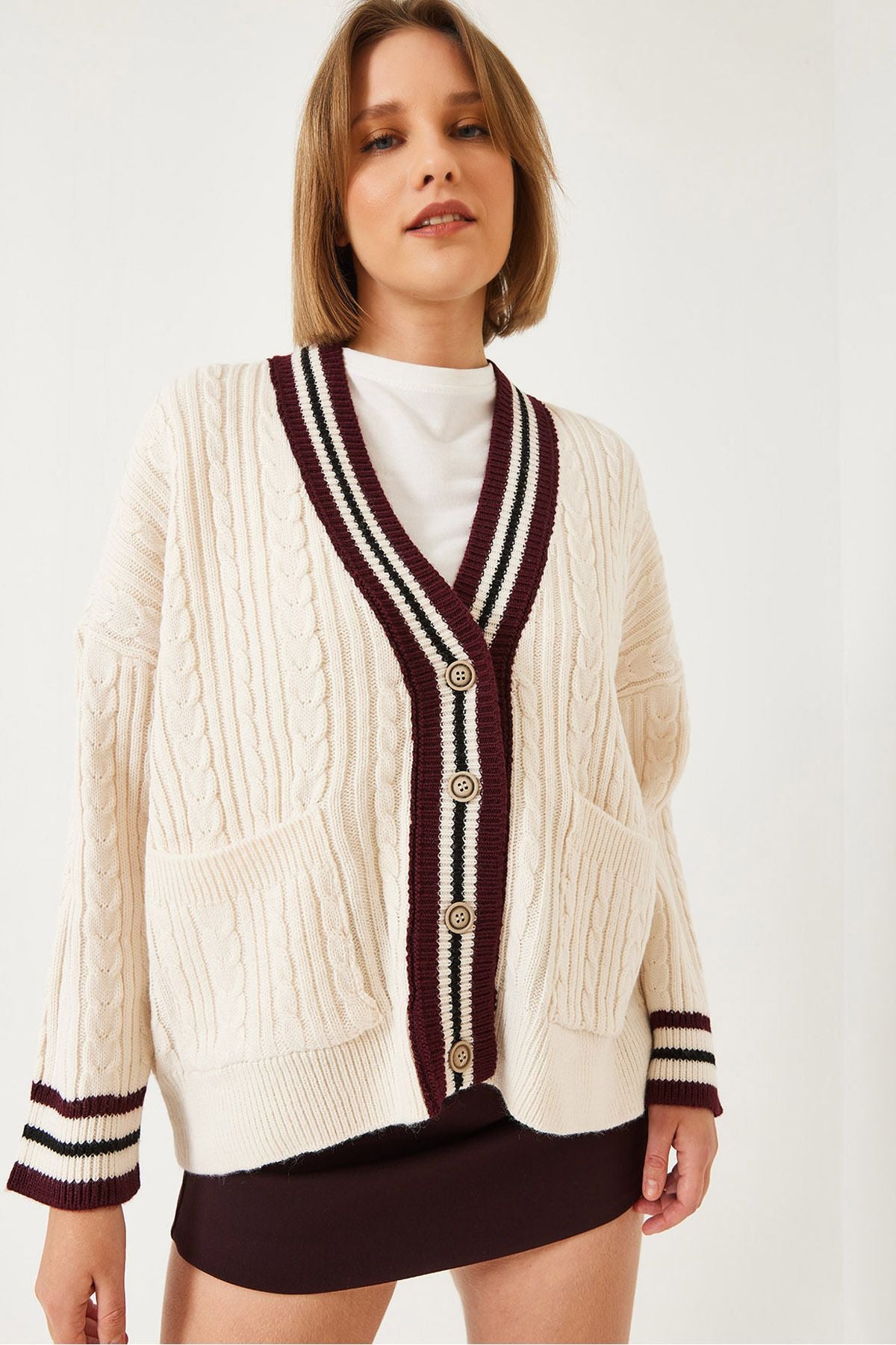 Female colored collar pocket knitwear cardigan 241130 60261324