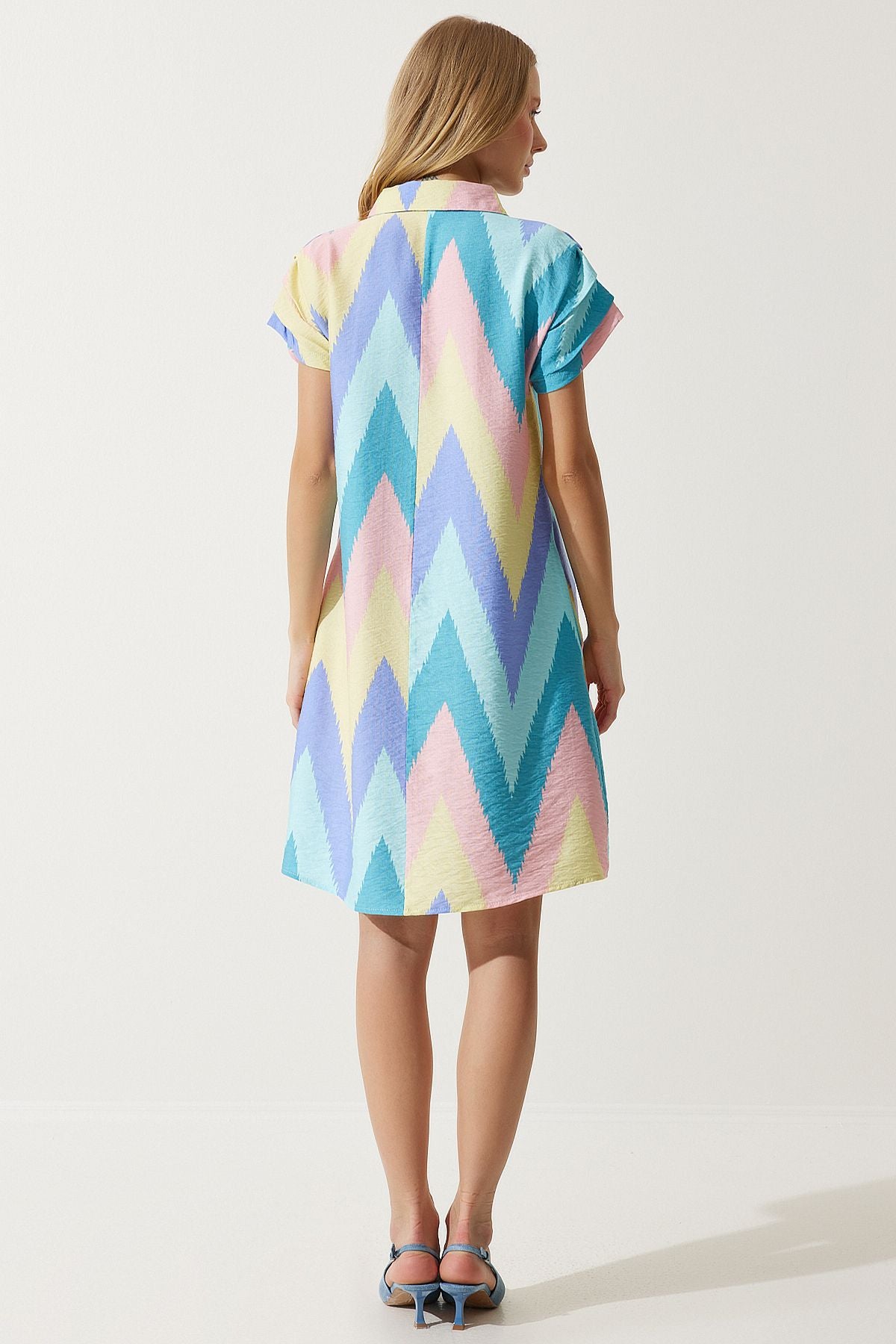 Woman Powder Blue Polo Yaka Patterned Summer Dress of00001