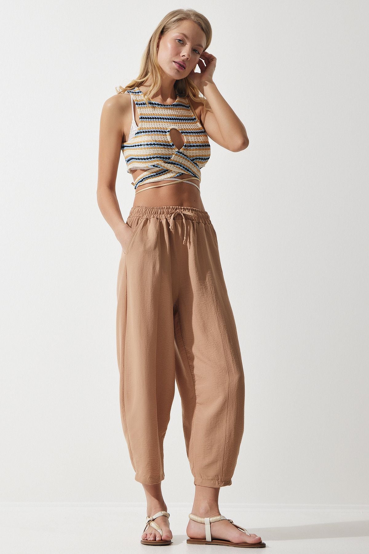 Female Dark Beige Pocket Linen Viscose Shalwar Pants CV00001