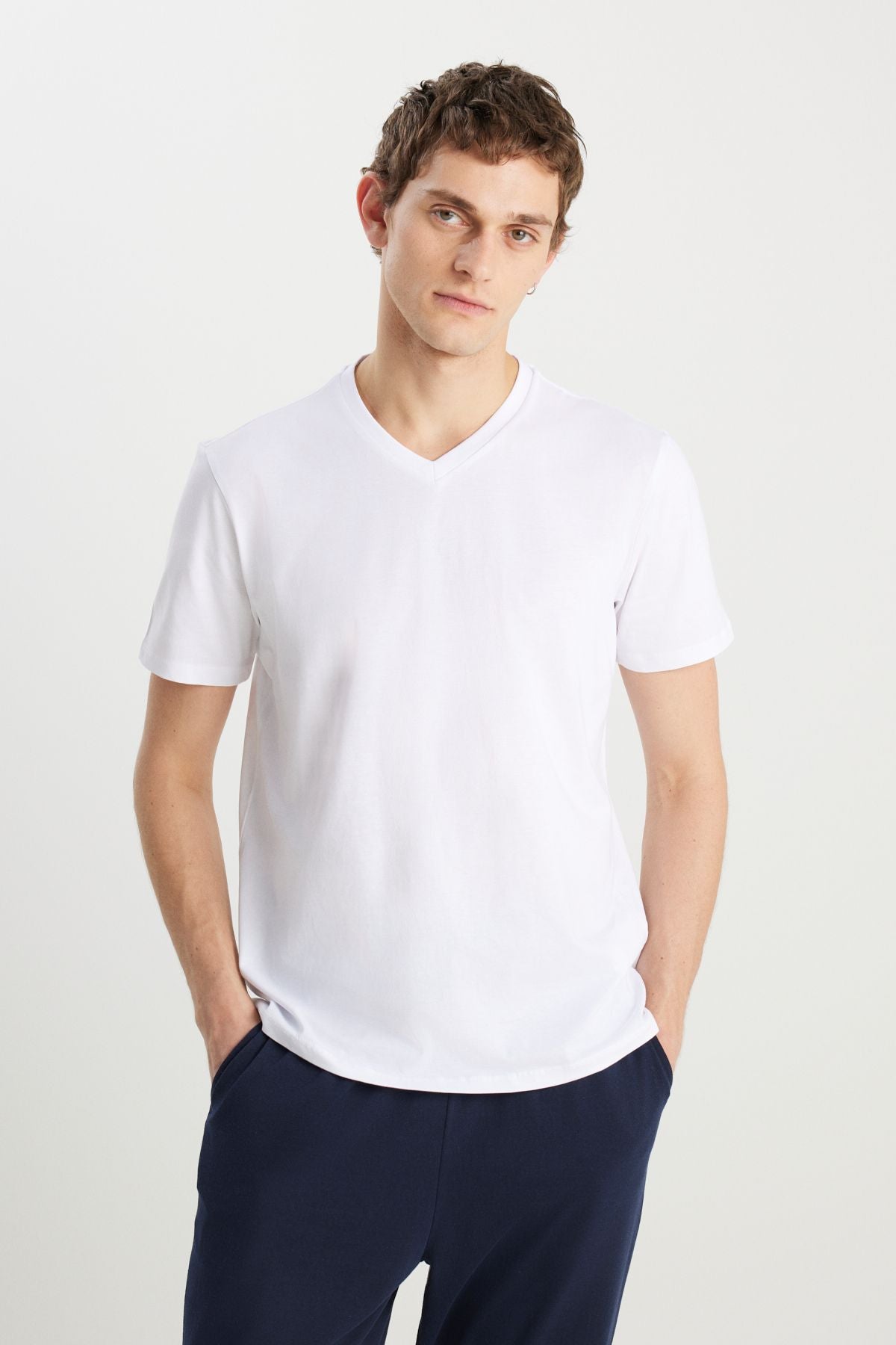 Men's navy blue-white cotton comfortable V-neck waist rubber pocket pajama set