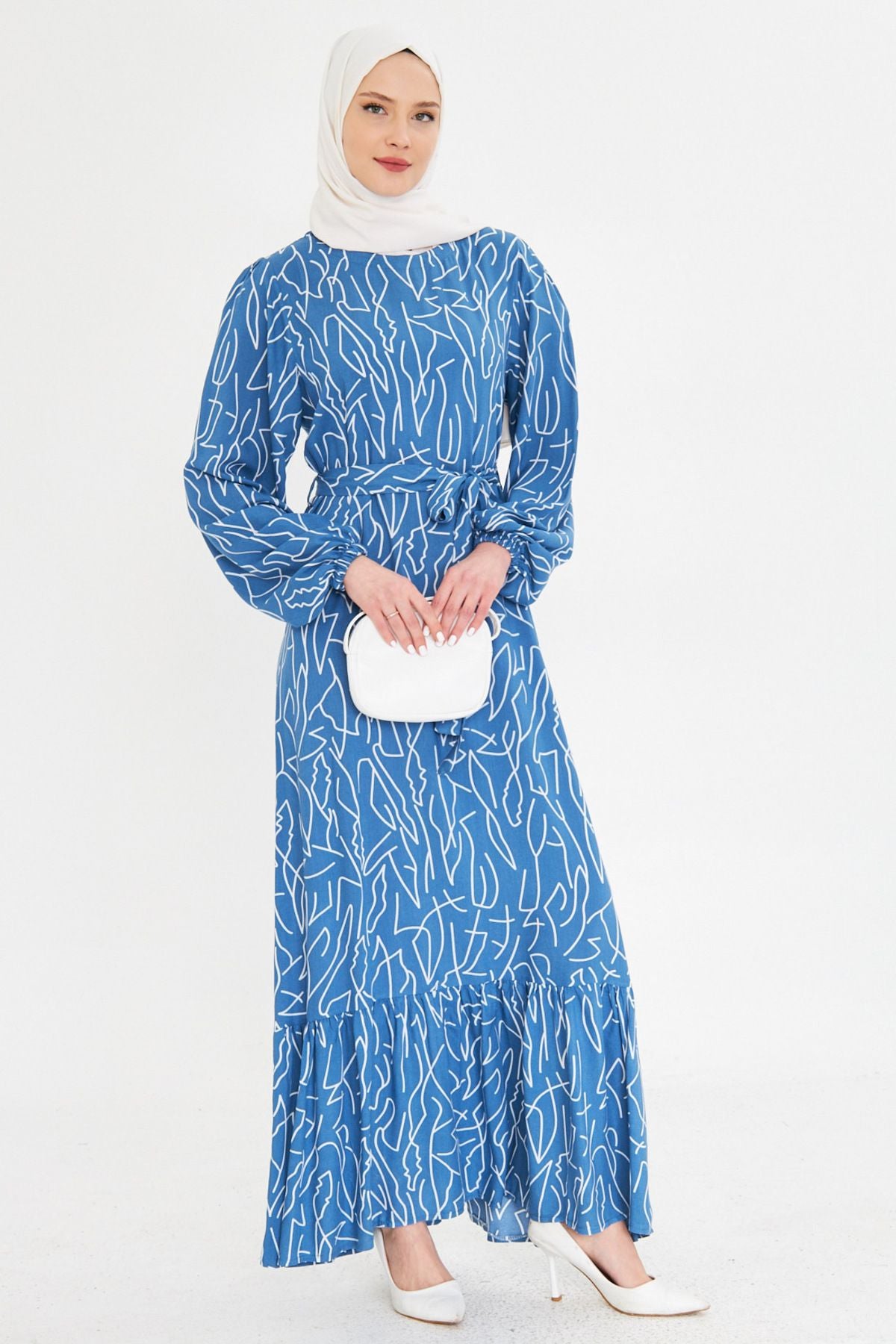 Female indigo zero collar behind zipper skirt with frilly belt long hijab dress ARM-25K001101