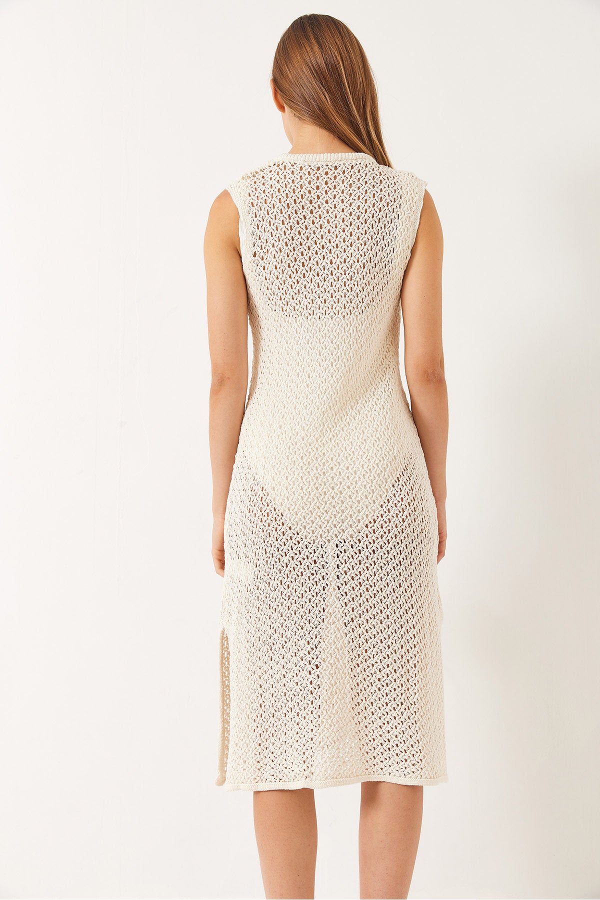 Women's Crew Neck Slit Detailed Openwork Beach Dress 60261527