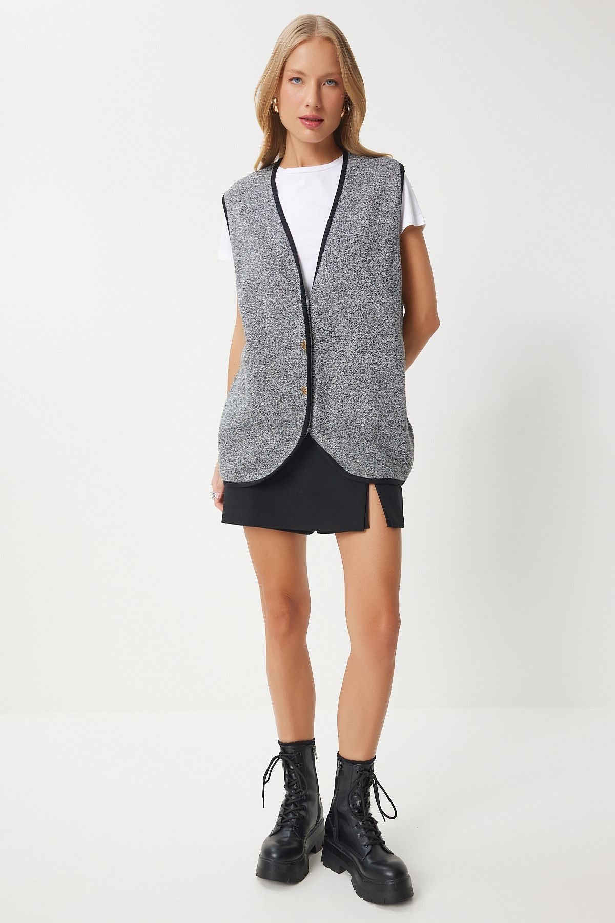 Woman Dark Gray button knitwear vest US00928