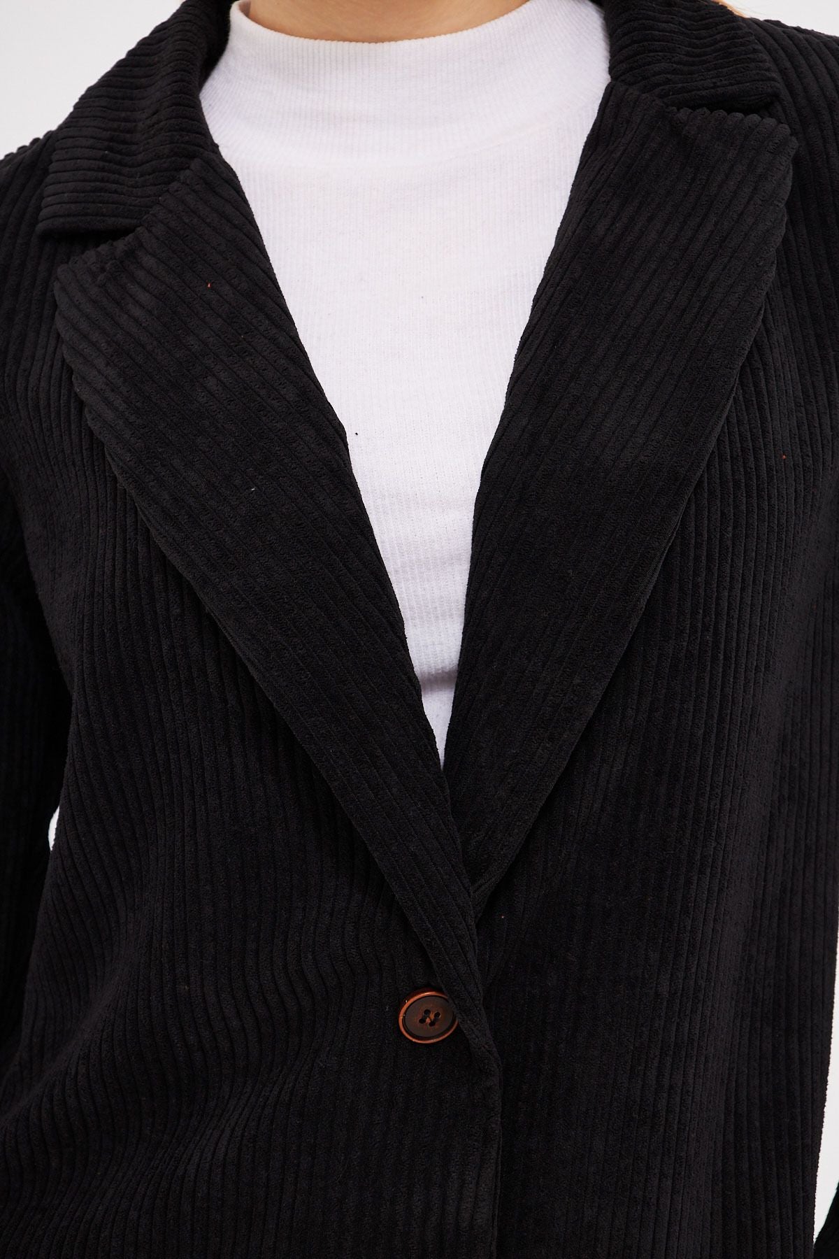 Female black single button velvet jacket ARM-24K001043