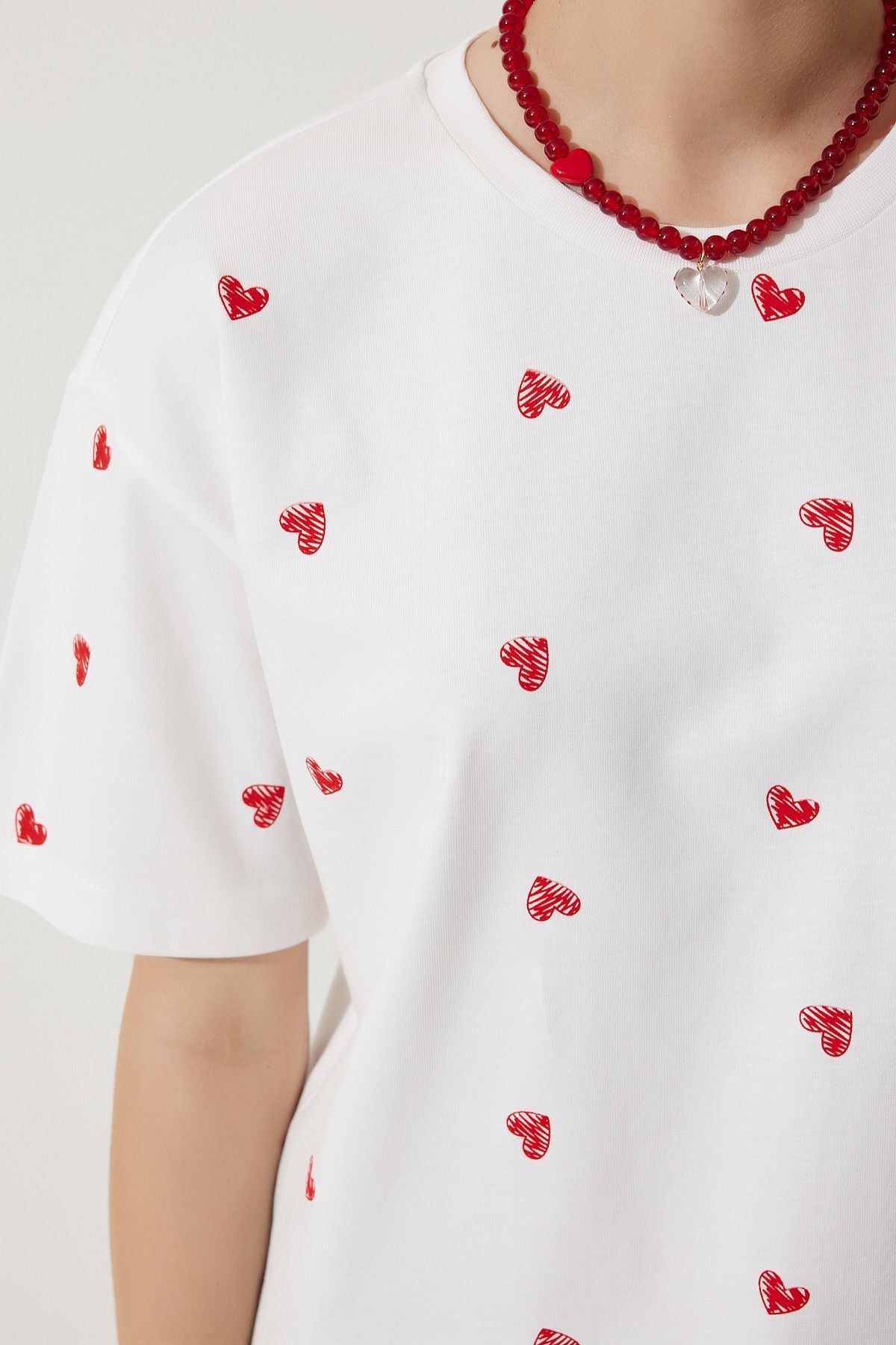 Woman White Heart 100 %Cotton Oversize Long Knitting T-Shirt NJ00148