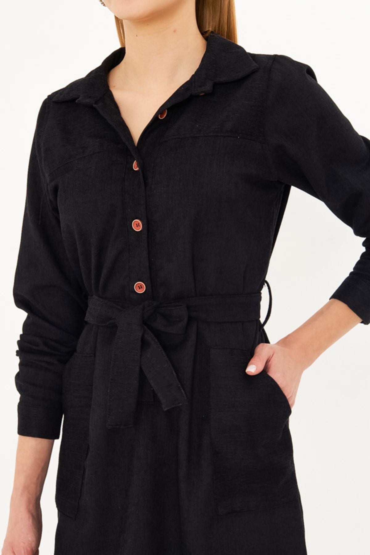 Female black front buttoned pocket belt velvet dress ARM-25K001085