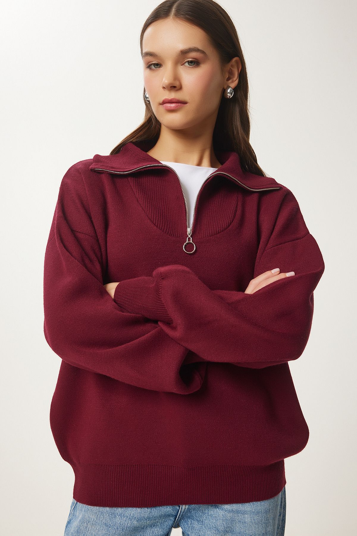 Female Bordeaux Zippered Neck Basic Knitwear Kazakh PF00007