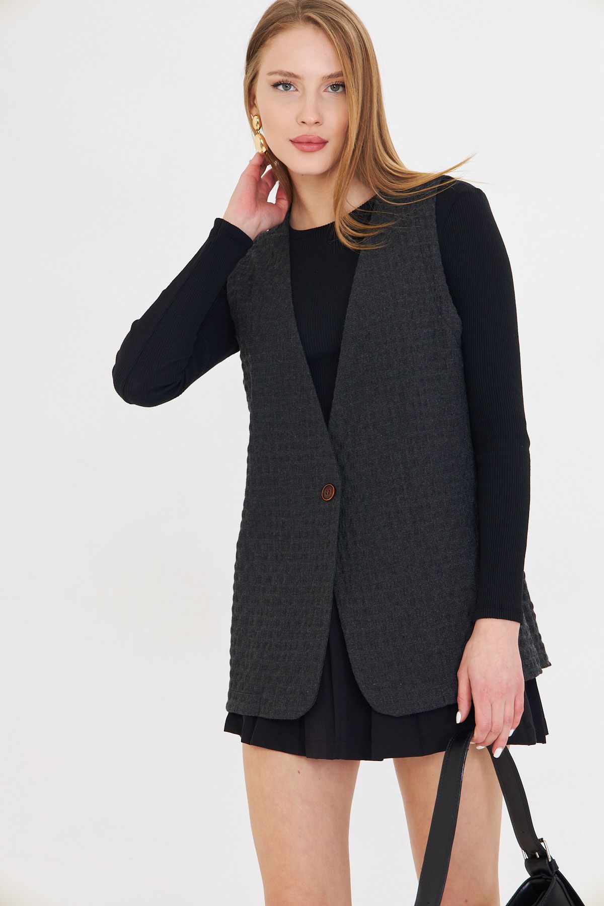 WOMEN'S SMOKED V-YAKA SINGLE buttoned Oversize Patterned Vest ARM-25K001110