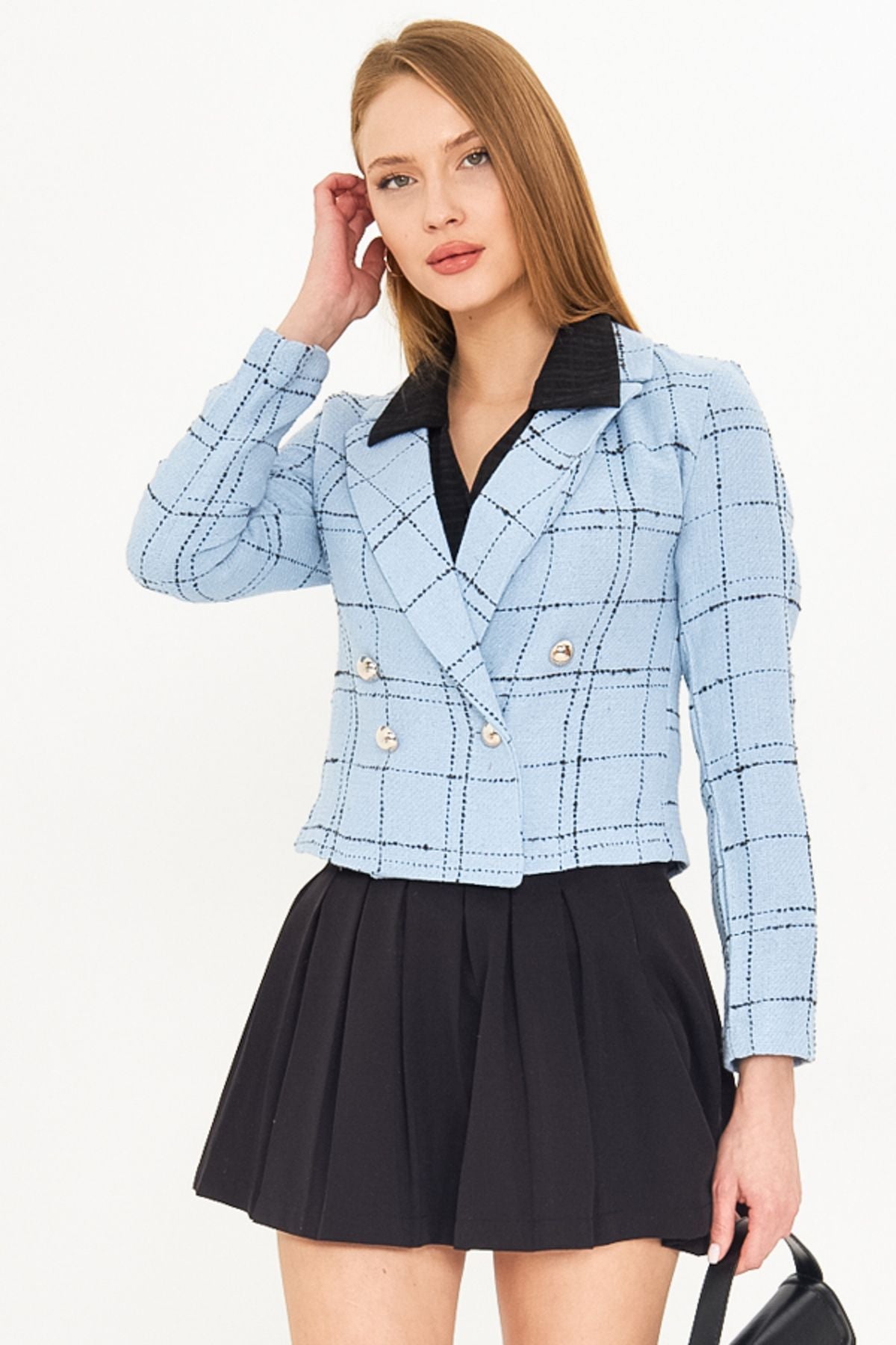 Women's Blue-Black Cruve Yaka Tüvit Crop Jacket ARM-24K001014