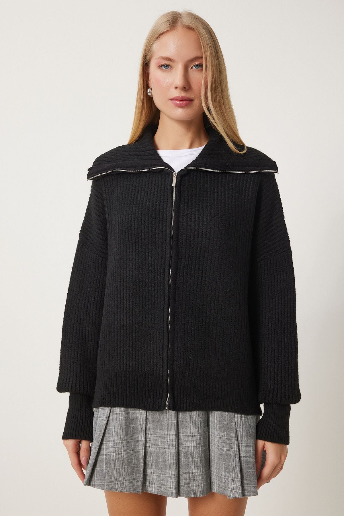 Female black zipper collar knitwear cardigan mx00173