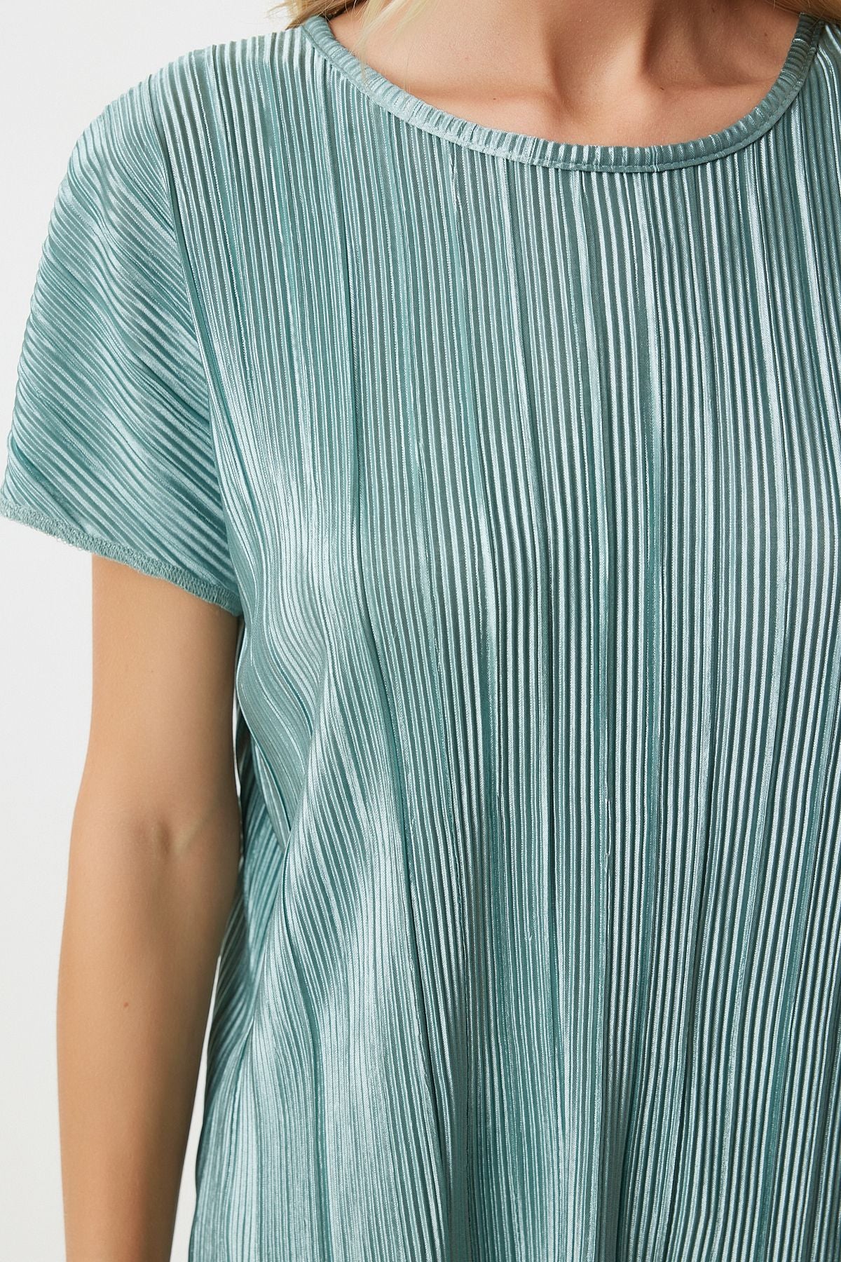Female Water Green Pilisable Casual Blouse Pants Set Mc00283
