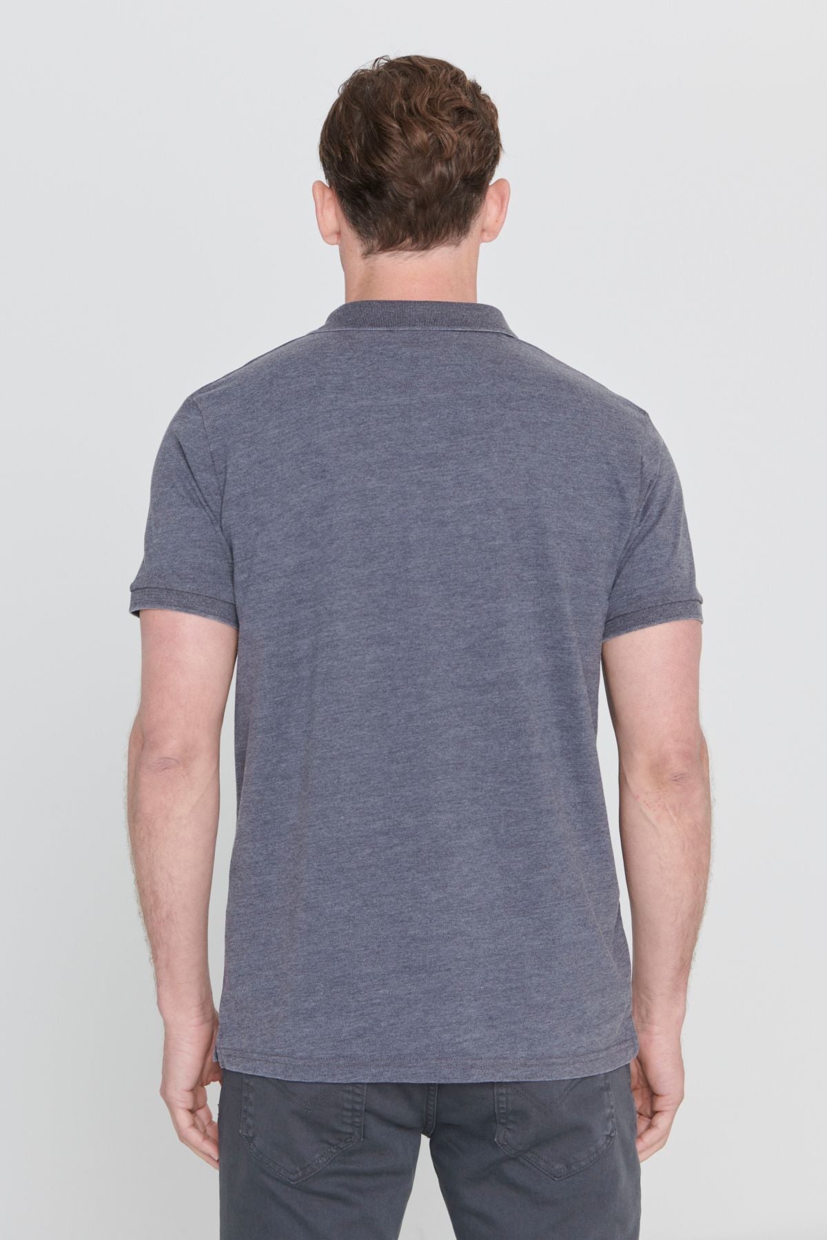 Men's anthracite slim fit narrow cut cotton embroidery detailed Polo Yaka T -shirt