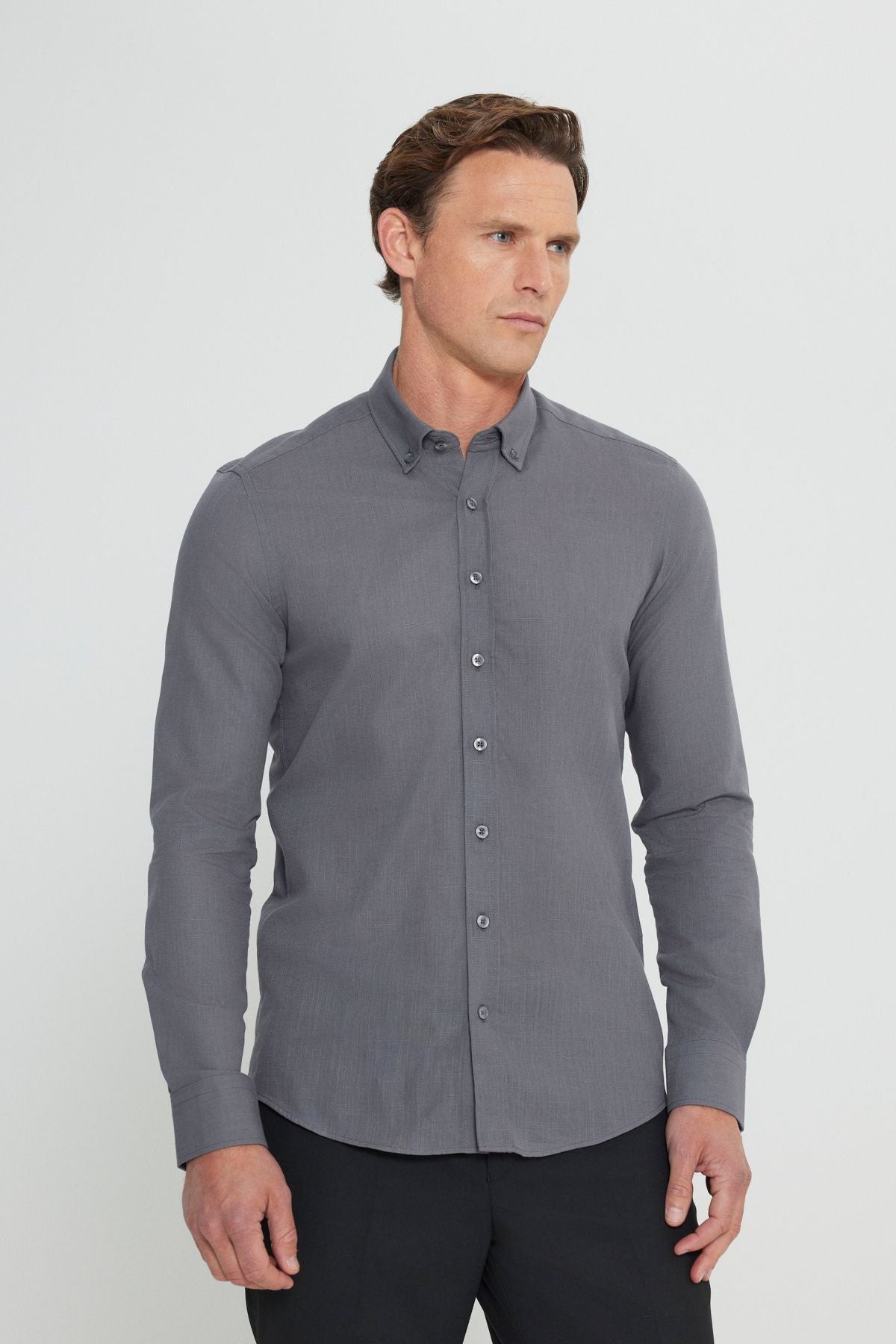 Men's anthracite 100 %cotton breathing fabric pennant oxford slim fit button collar shirt