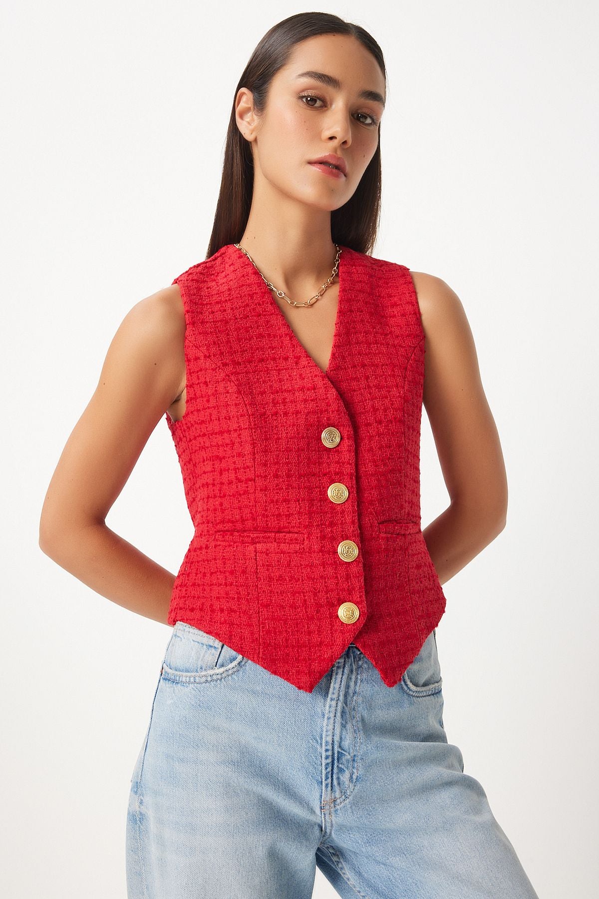 Woman Red Metal Button Detailed Stamp Vest to00111