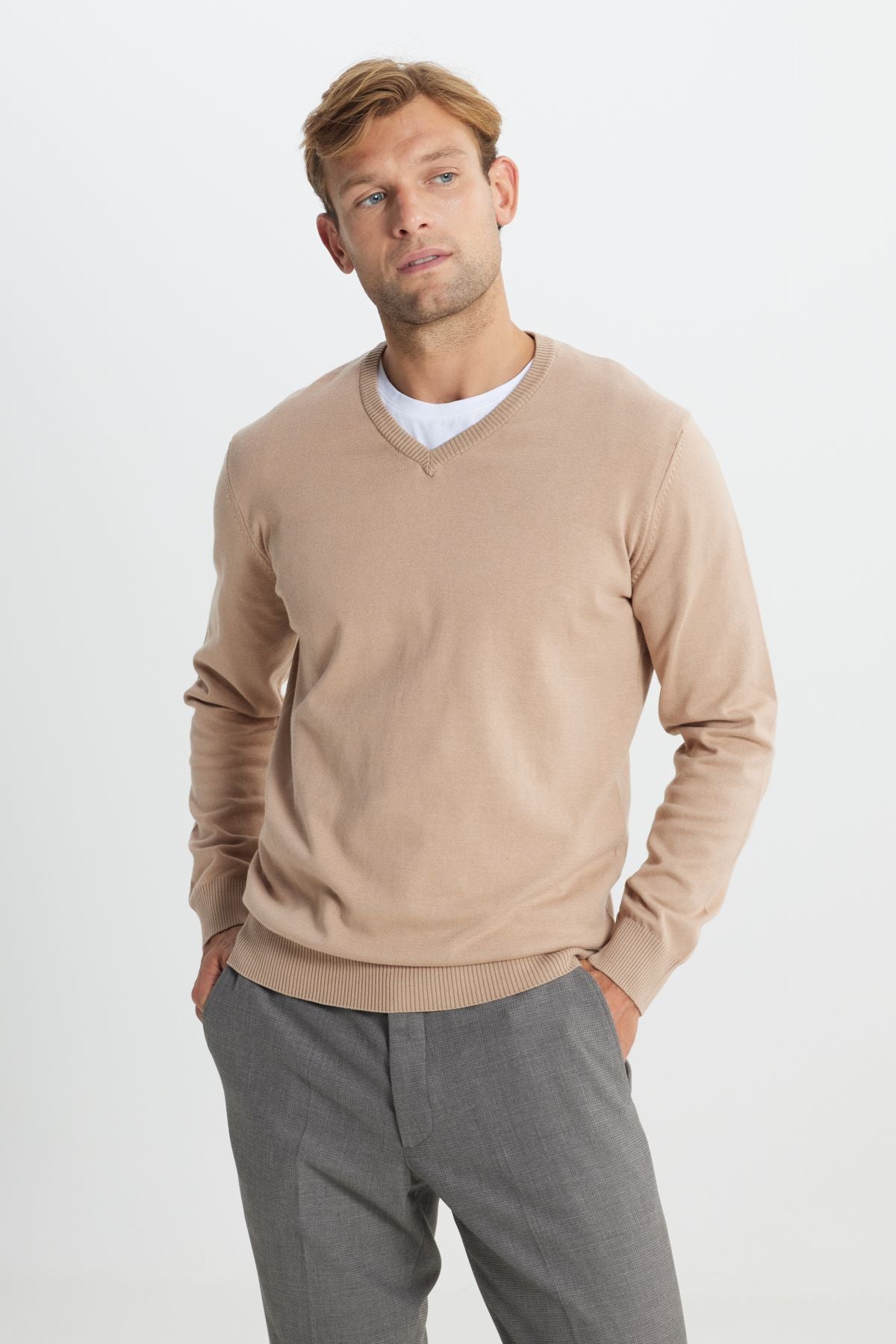 Men's Beige Cotton Standard Fit Normal Cut V -Neck Basic Knitwear Kazakh