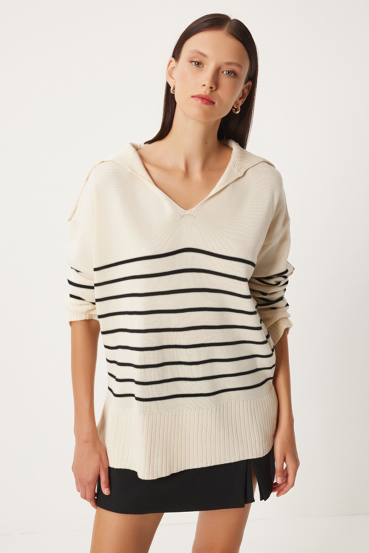 Women's Cream Shawl Yaka striped oversize knitwear sweater FN03345