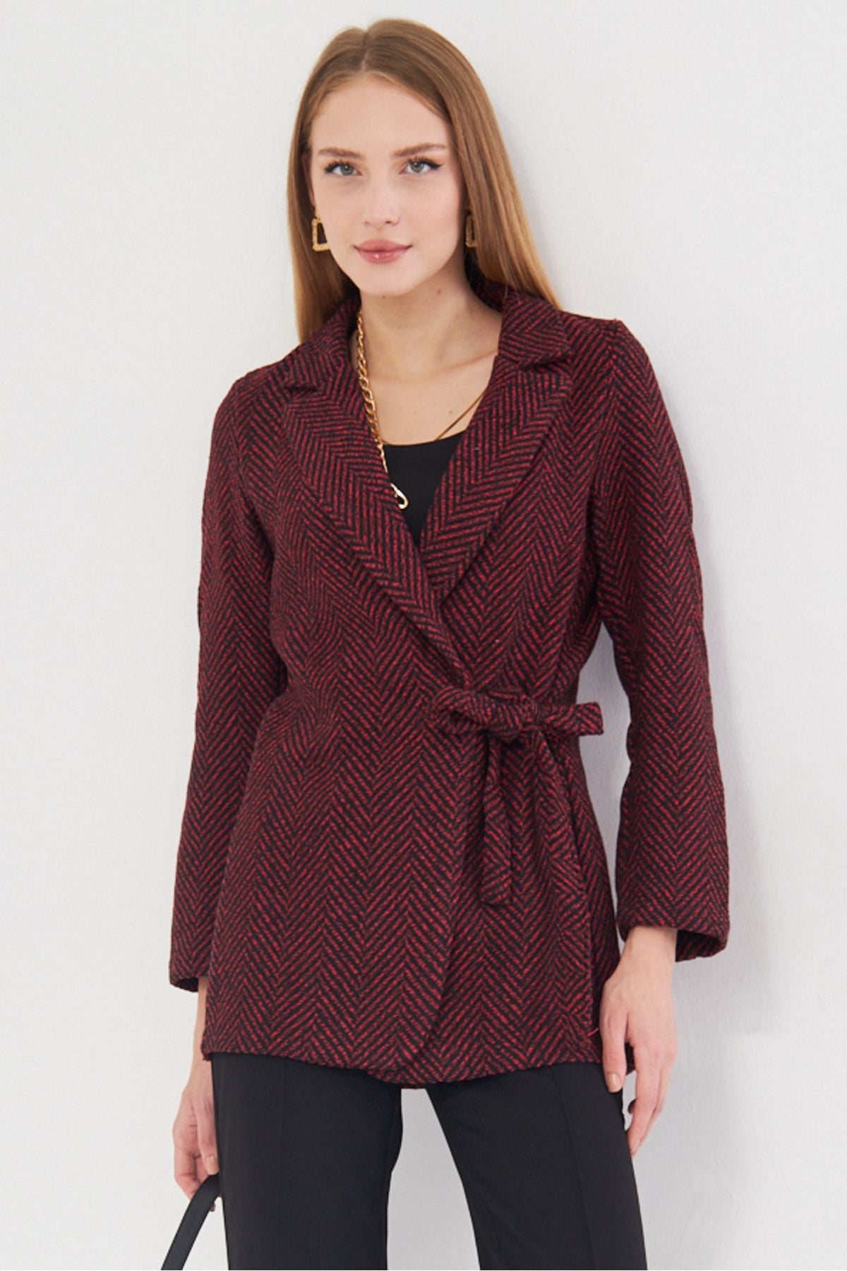 Female Bordeaux Side Fish Tie Patterned Stamp Jacket ARM-25K001019