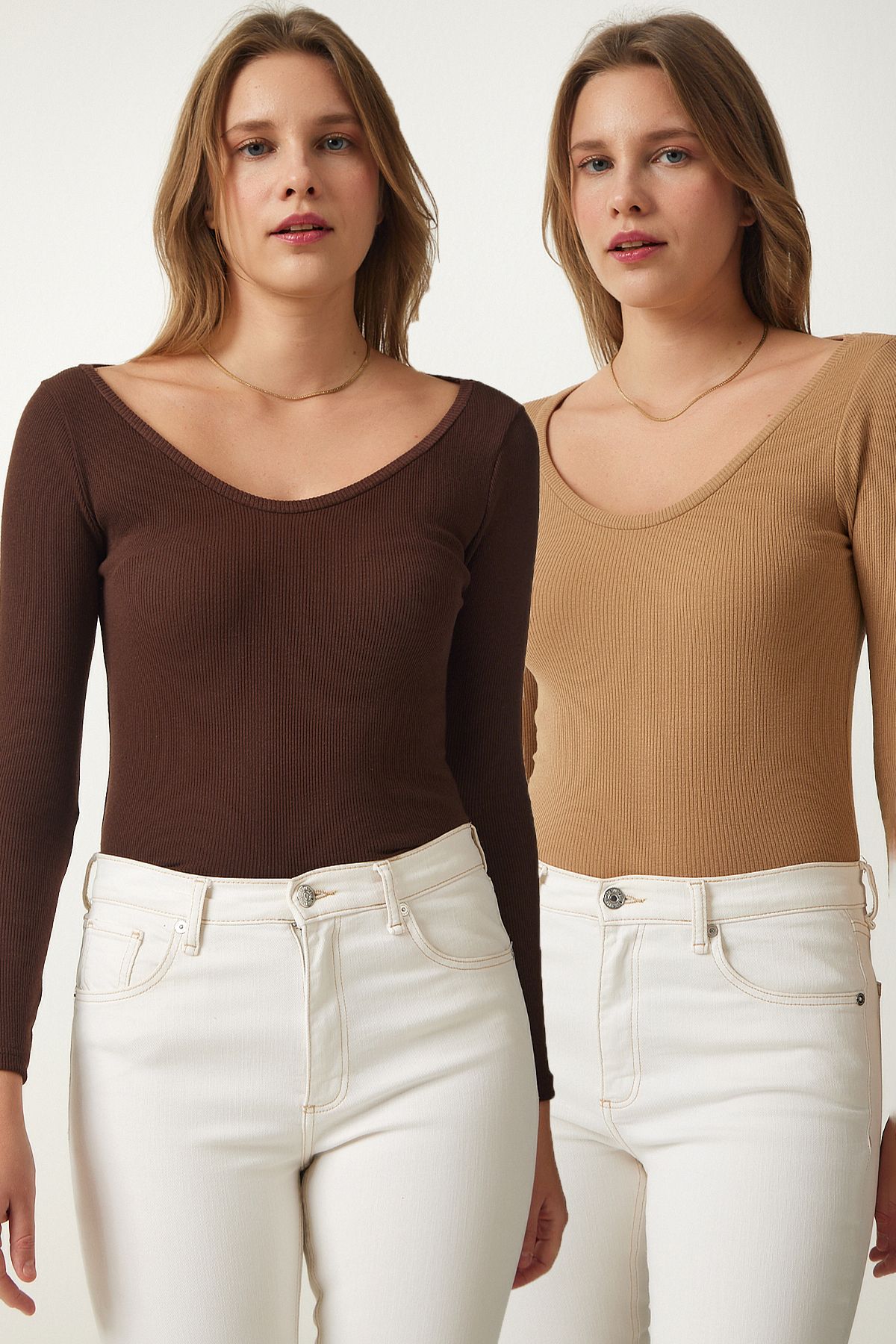 Woman Dark Brown Biscuit V -Neck 2 Pack Knitting Blouse GT00058