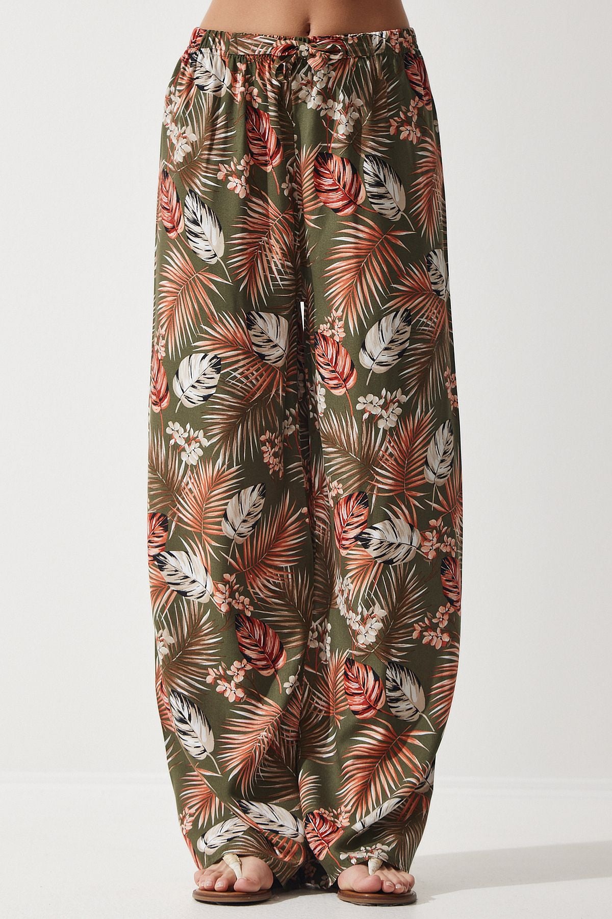 Female Khaki Tile Patterned Viscose Palazzo Pants EN00606