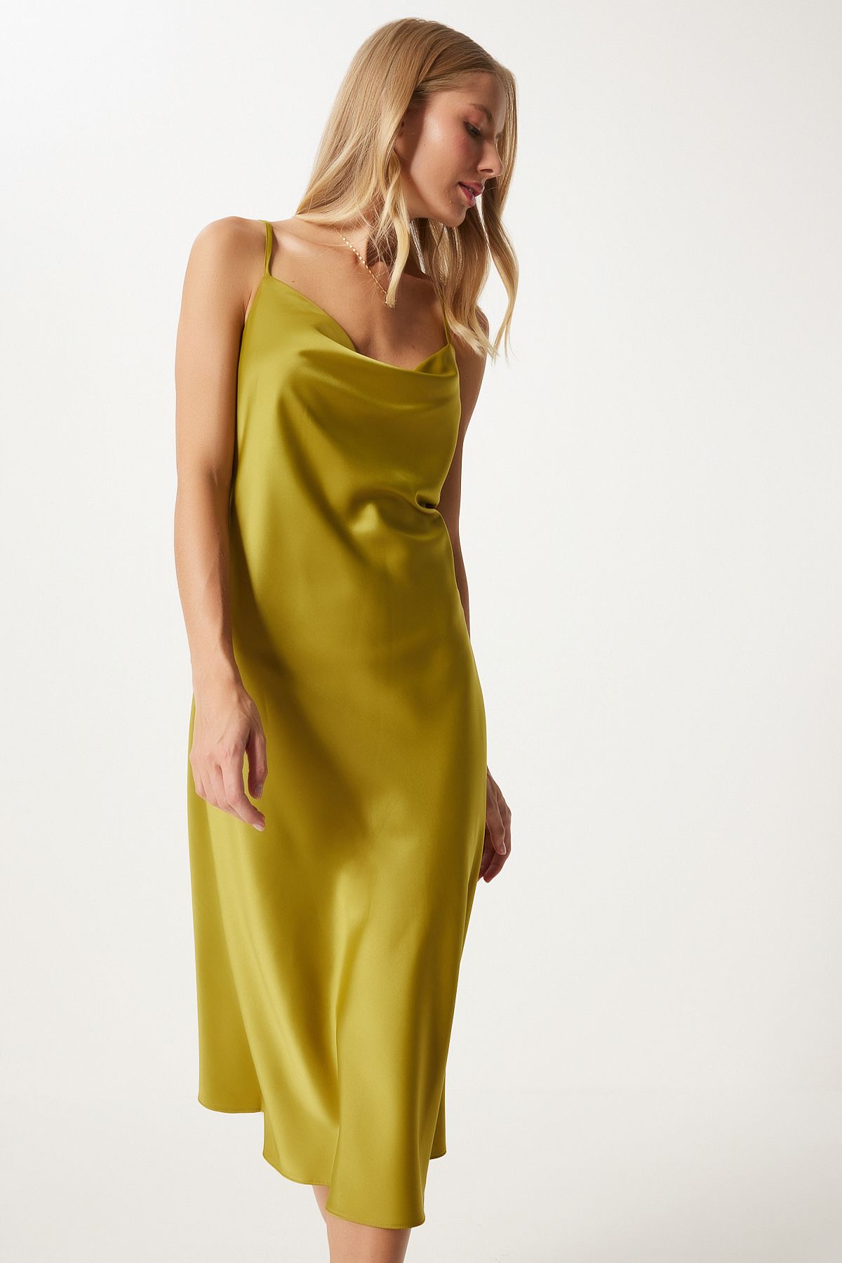 Women's Fat Green Degage Collar Satin Surface Dress FN03300