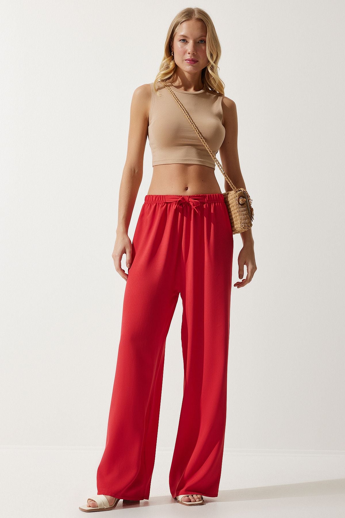 Woman Red Summer Viscose Palazzo Pants EN00610