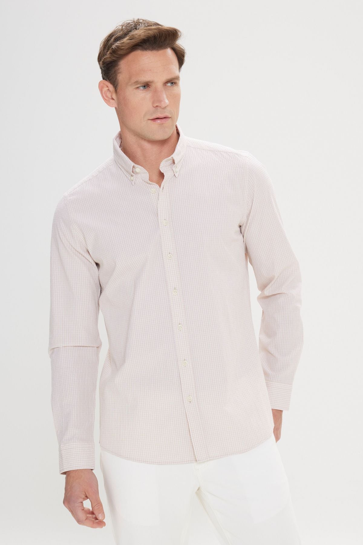 Men's White-Bej Comfort Fit Casual Cutting Buttoned Neck Cotton Cotton Shirt