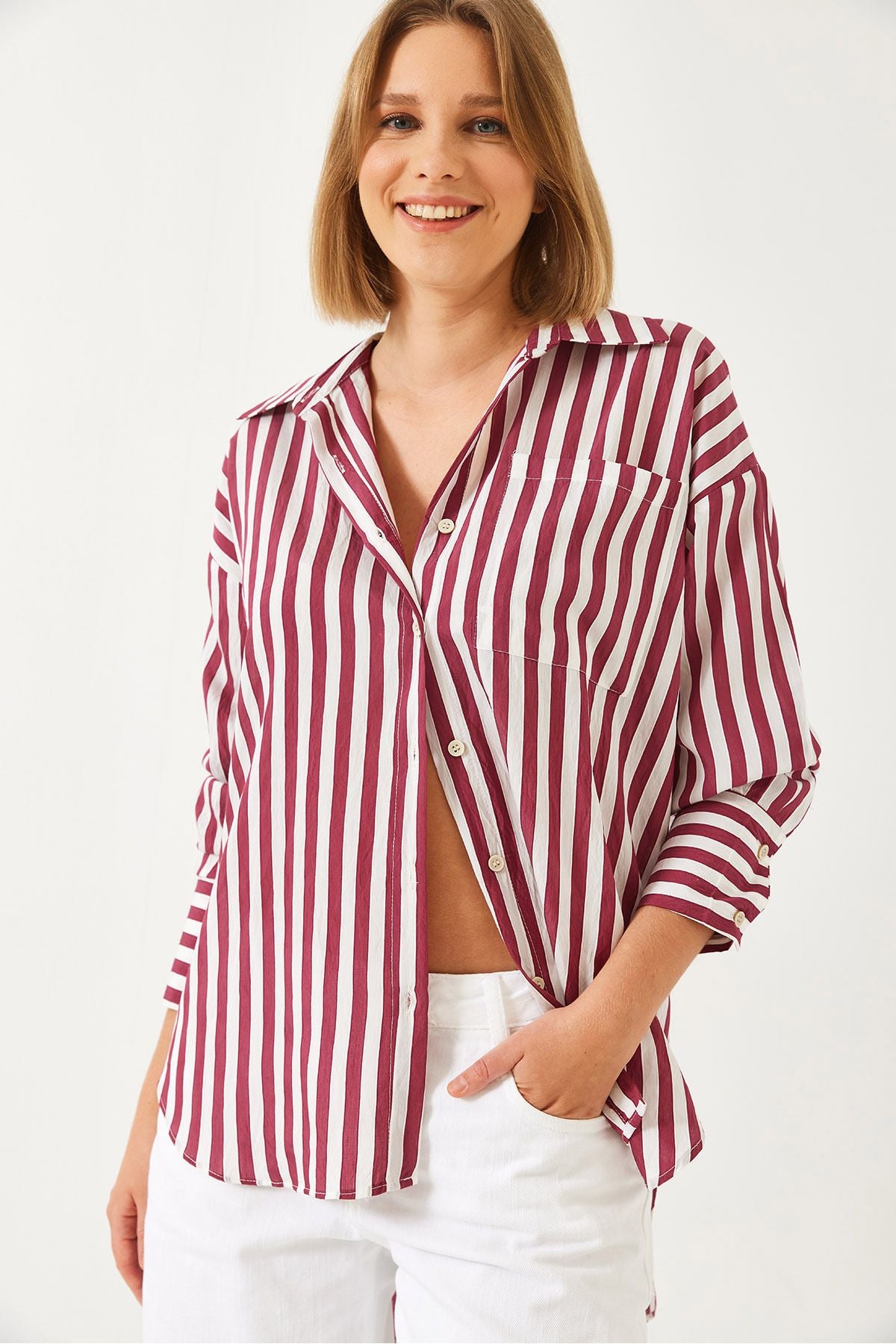 Female Single Pocket striped Oversize Shirt G1008 60261157