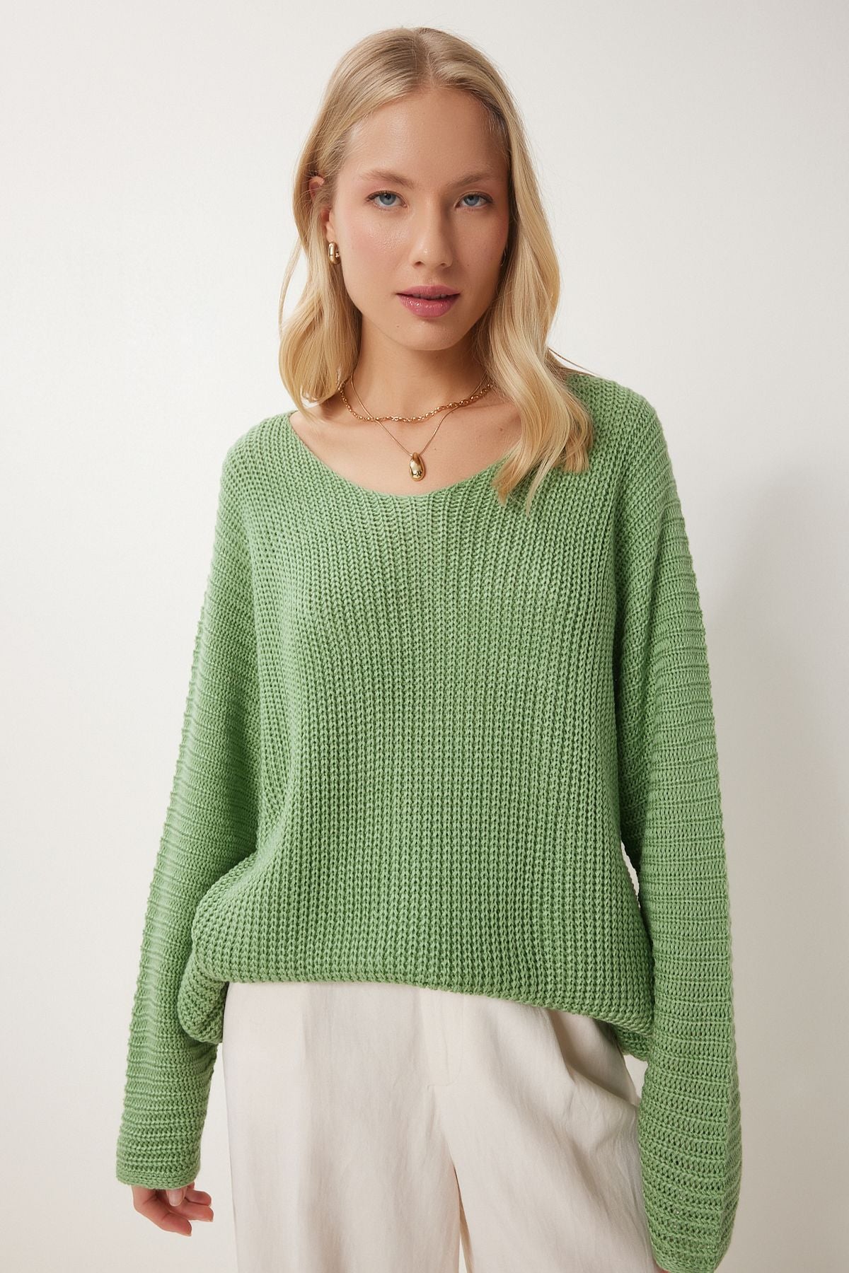 Women's Cagla Green V -Yaka Oversize Knitwear Kazakh YG00099