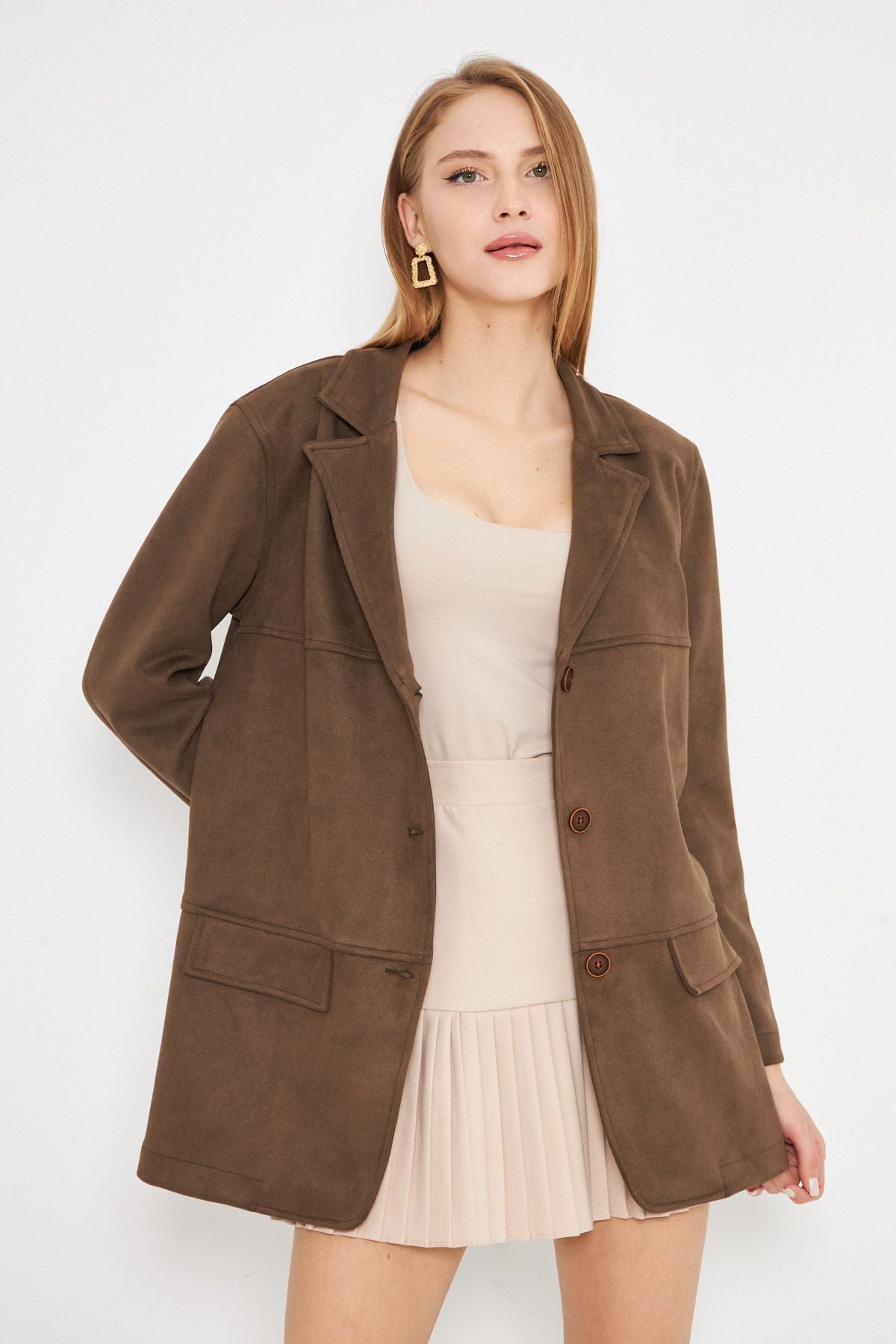 Woman Dark Coffee Coffee Credit Preceded Premium Premium Suede Oversize Jacket ARM-25K001057