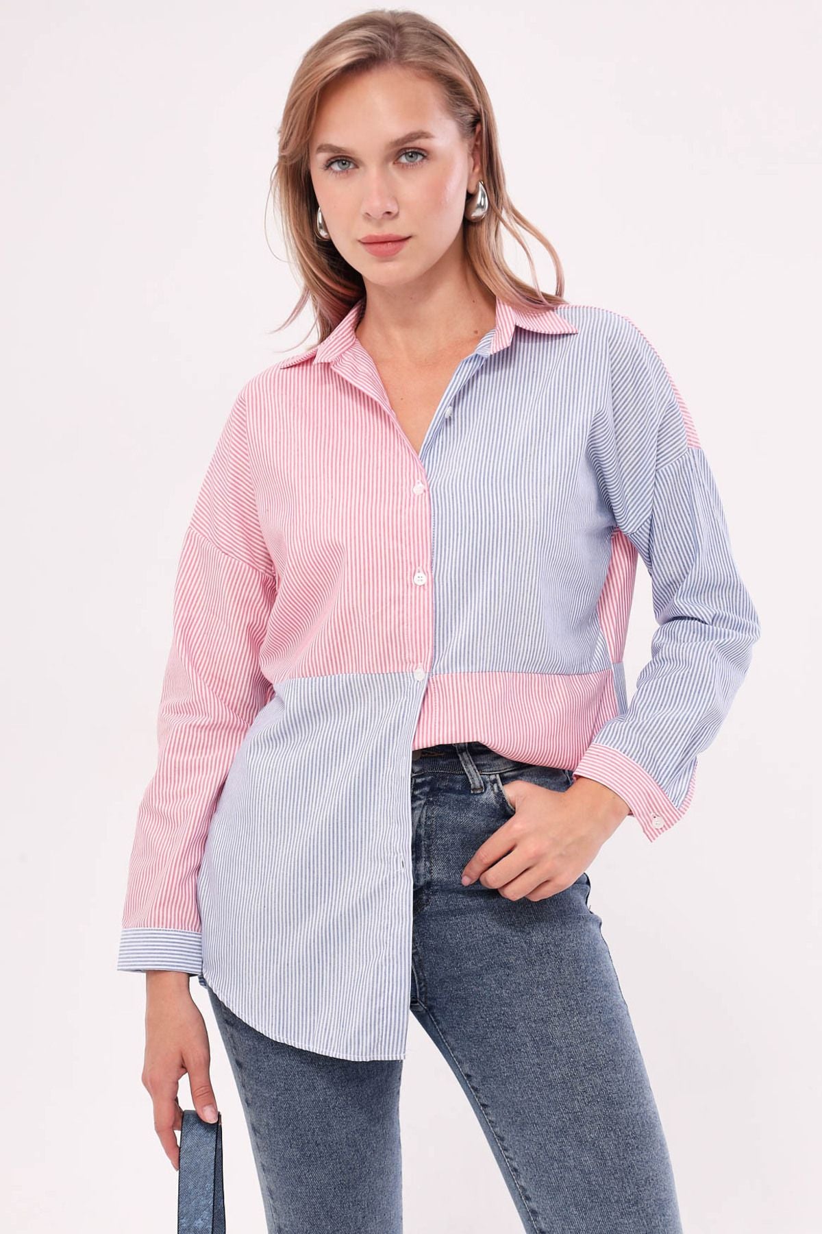 Women's Blue striped two-color long sleeve shabby shirt ARM-21K001193