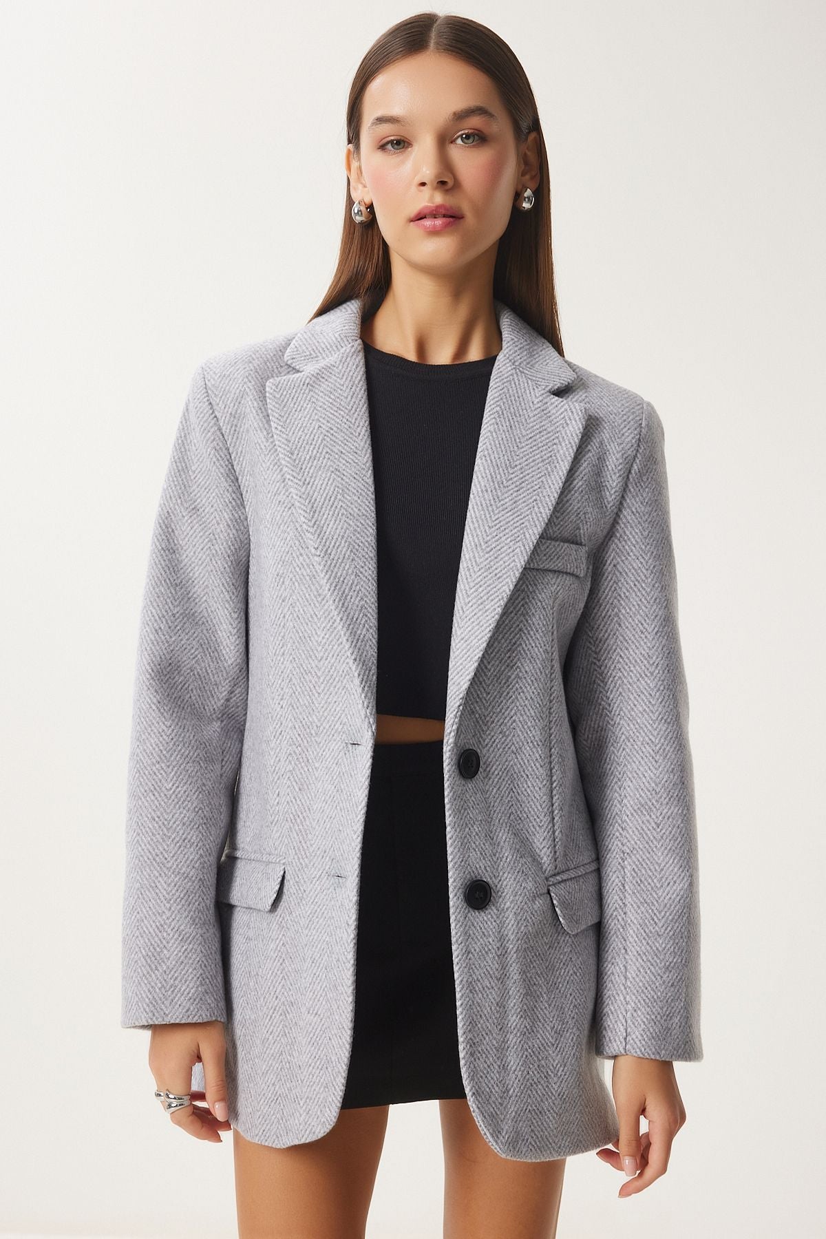 Women's gray leather detailed winter blazer jacket FN03405