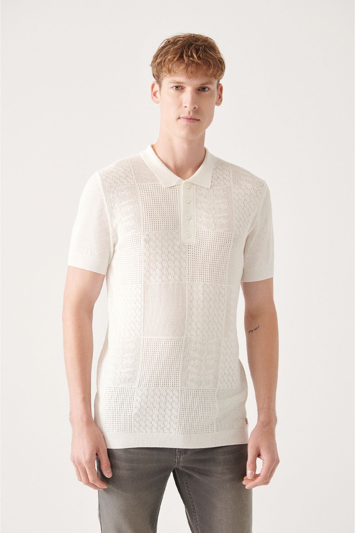 Men's White Cotton Output Polo Yaka Triko T-Shirt A31Y5031