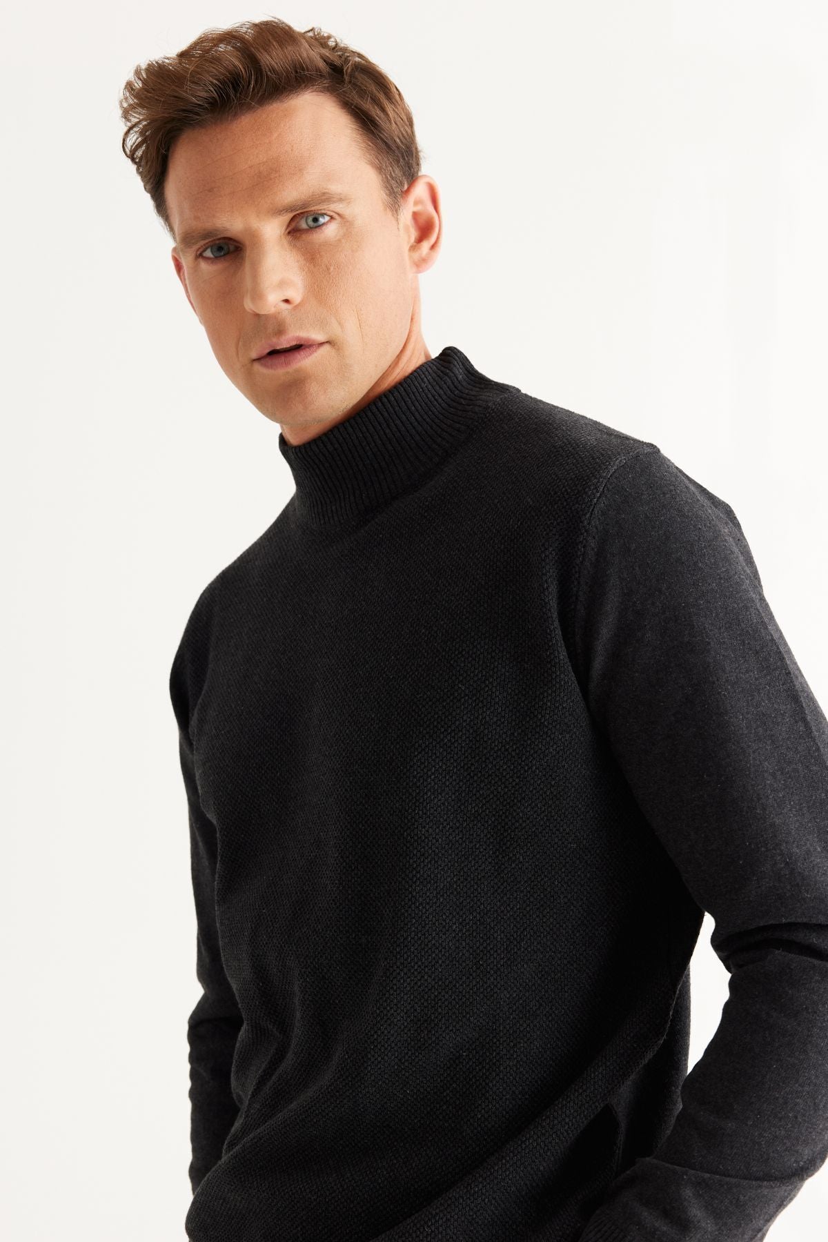 Men's anthracite standard fit normal cut half fisherman collar cotton knitwear sweater