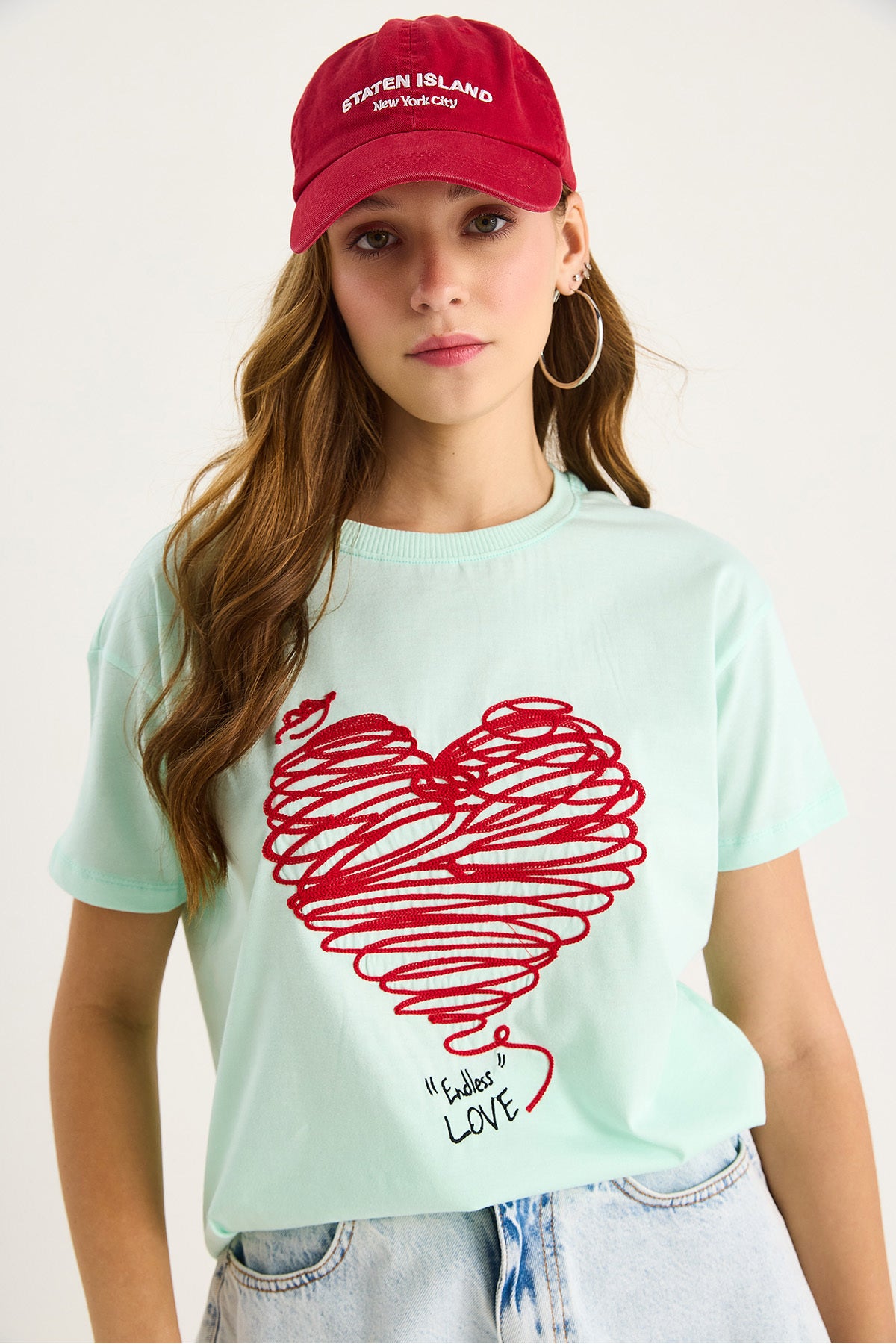 Women's Cotton Short Sleeve Crew Neck Heart Embroidered T-Shirt 60602028
