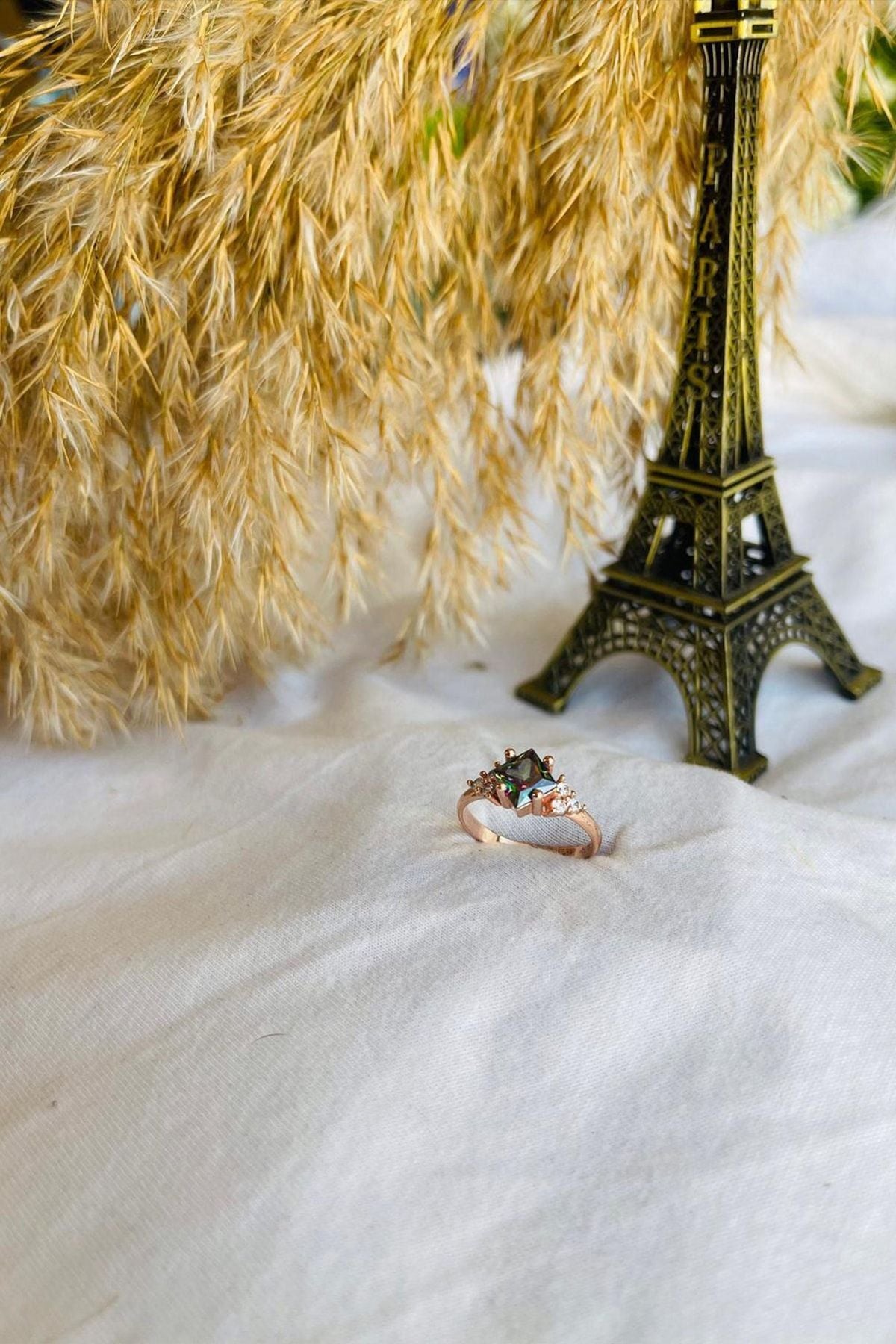 Woman Pink Square Mystical Topaz Stone Adjustable 14 K Gold Plated Ring