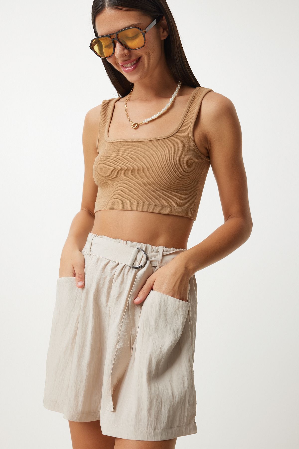 Women's Cream Arched City Boy Woven Shorts RC00154