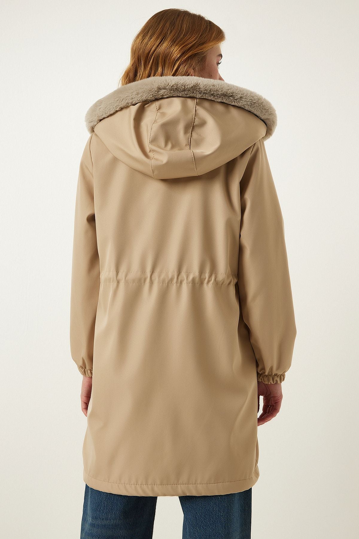 Fur furry coat with a woman beige hooded DD01292