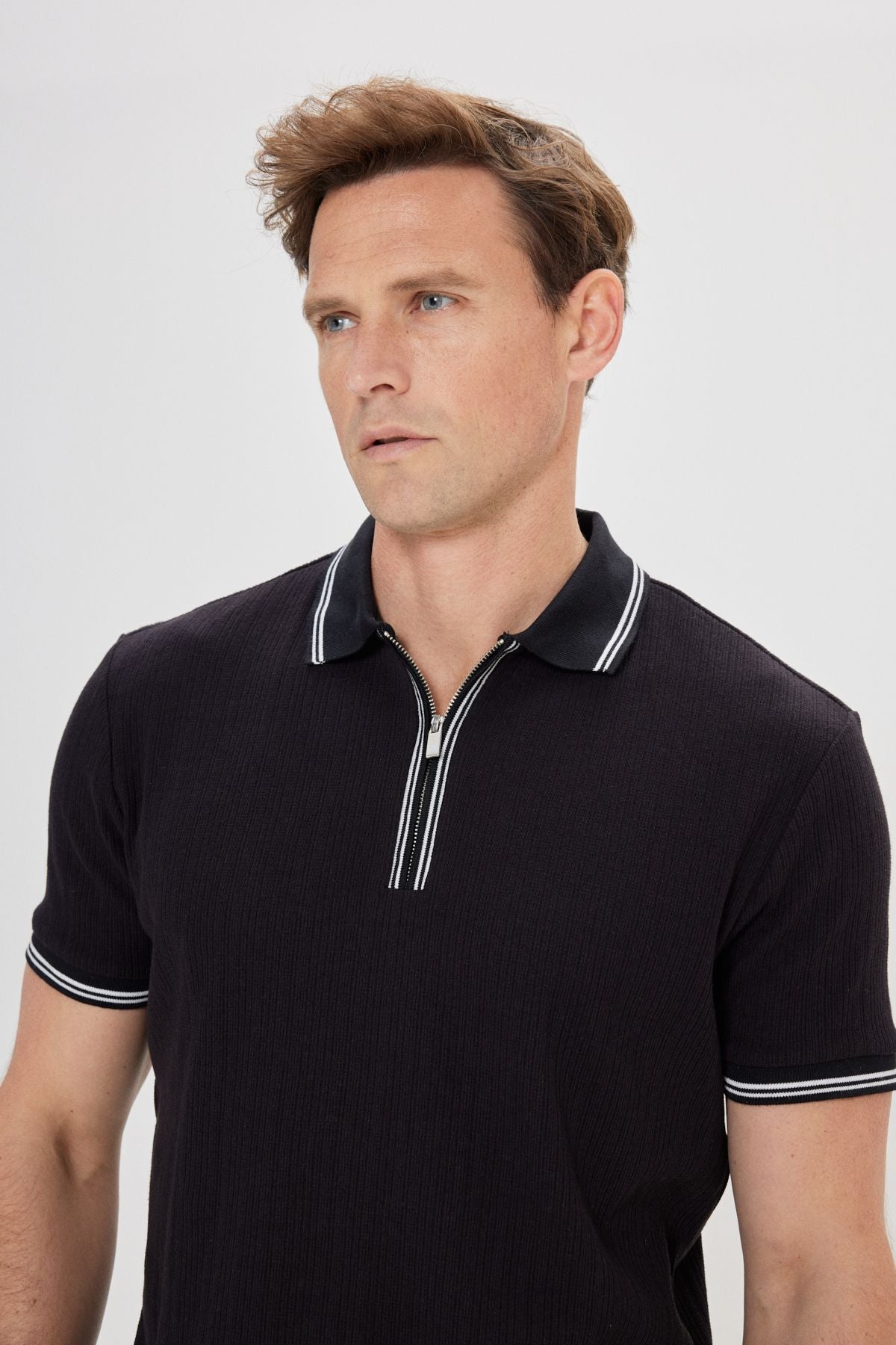 Men's Black Standard Fit Normal Cutter Cotton striped Polo Yaka T -shirt