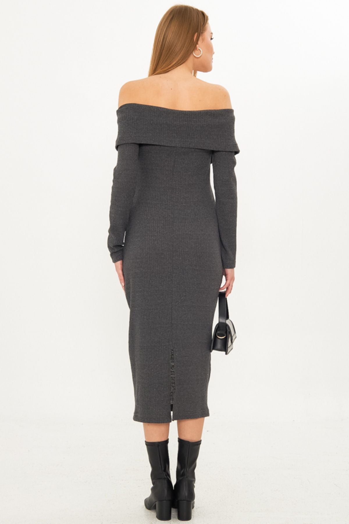 Female anthracite low shoulder front zipper slit midi height knitwear dress ARM-25K001089