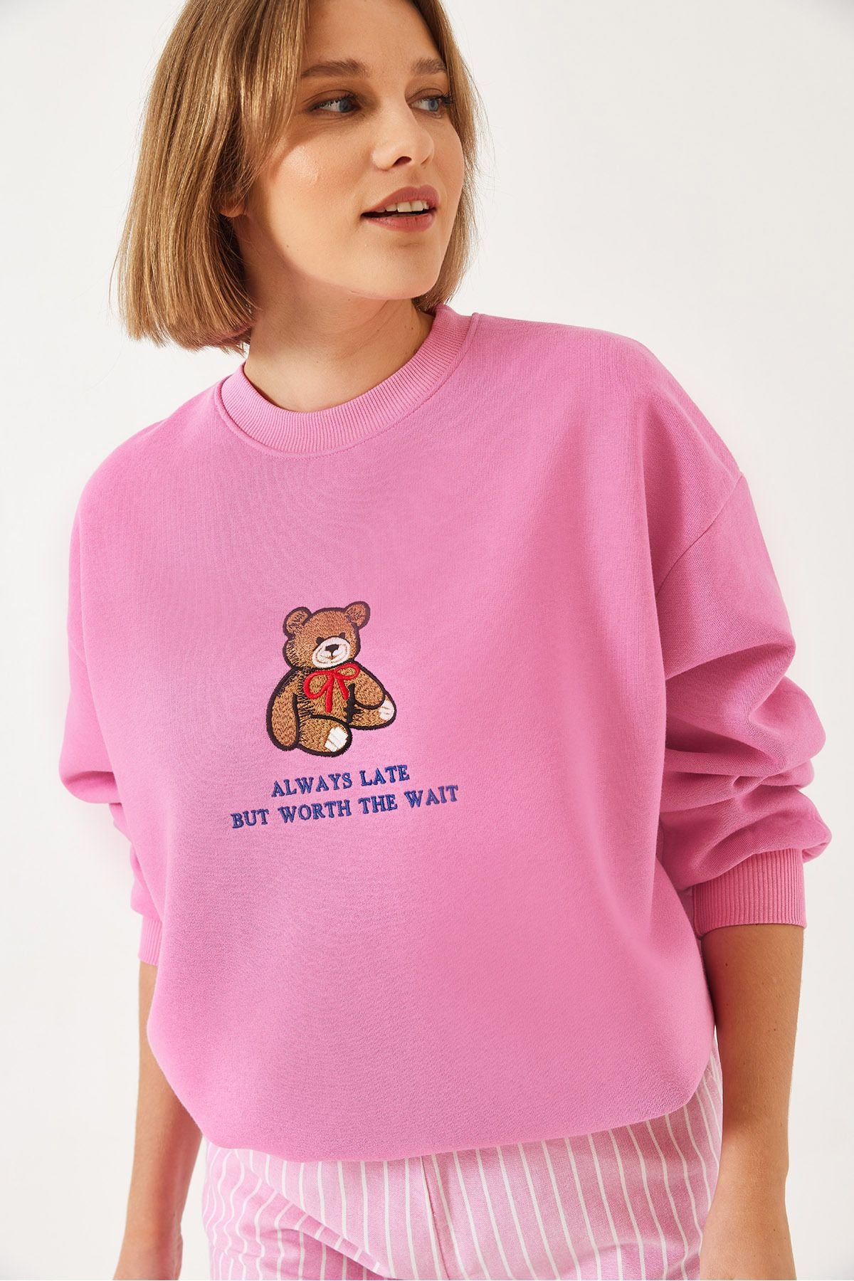Women's Teddy Beach Printed Ribanalı Basic Sweatshirt ÖS241011 60261314